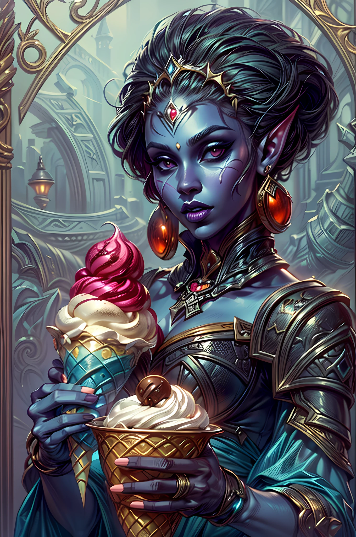 a portrait of female drow, dark elf,  eating ice cream, photorealistic, fantasy art, RPG art, a female dark elf wizard (ultra detailed, Masterpiece, best quality, fantasy art), extremely beautiful, dark skin, white hair, long hair, pulled back hair, purple eyes, jewelry, chocker, wearing intricate blue dress, dress with red runes, GlowingRunes_red eating ice cream (ultra detailed, Masterpiece, best quality, fantasy art), many flavors, whipped cream, chocolate syrup (ultra detailed, Masterpiece, best quality, fantasy art), spider walking near the ice cream (ultra detailed, Masterpiece, best quality, fantasy art),  magical lab background, fantasy art, high details, best quality, 16k, [ultra detailed], masterpiece, best quality, (ultra detailed), full body, ultra wide shot, photorealistic, fantasy art,