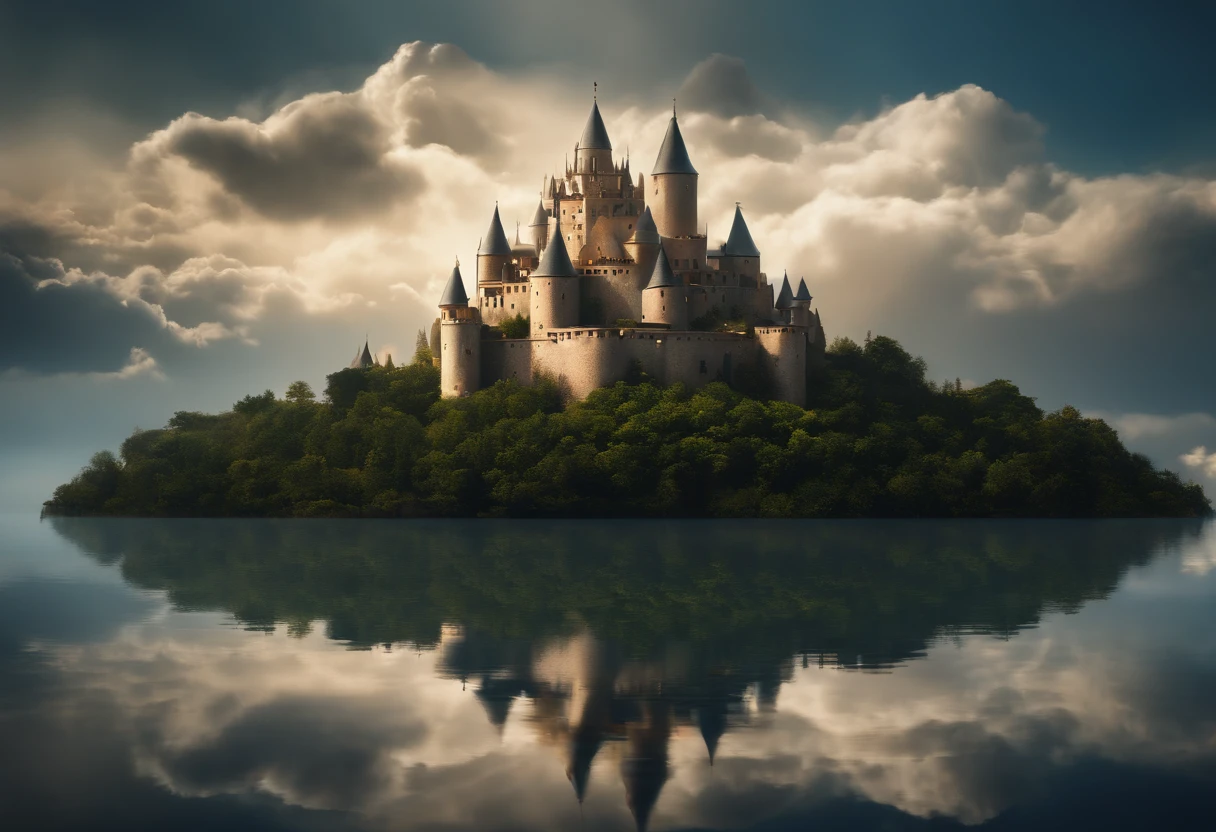 A majestic castle rises from a small island (in the sky:1.4), surrounded by a (sea of clouds:1), The island is filled with buildings of various shapes and sizes, creating a stunning contrast between the ancient and the modern. The castle is a masterpiece of matte painting by impressionist painter, (a floating city that defies gravity:1.1) and logic, yet captivates the viewer with its beauty and mystery, floating city on clouds, floating city in the sky, floating island in the sky, floating lands in-clouds, city in the clouds, a city in the clouds, island floating in the sky, flying island in the sky