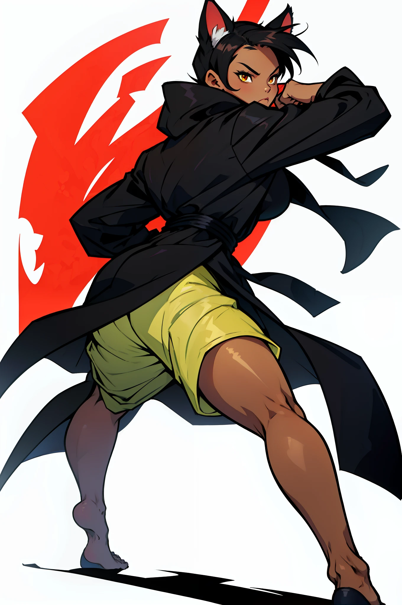 Khmer female, women sexy, full body to toes and feet, dark brown tanned, street fighter, random boxing pose, short black hair, yellow eyes, wearing a long black cloak trench coat hoodie, wearing white traditional wrapped shorts, cat ears, full all white background,