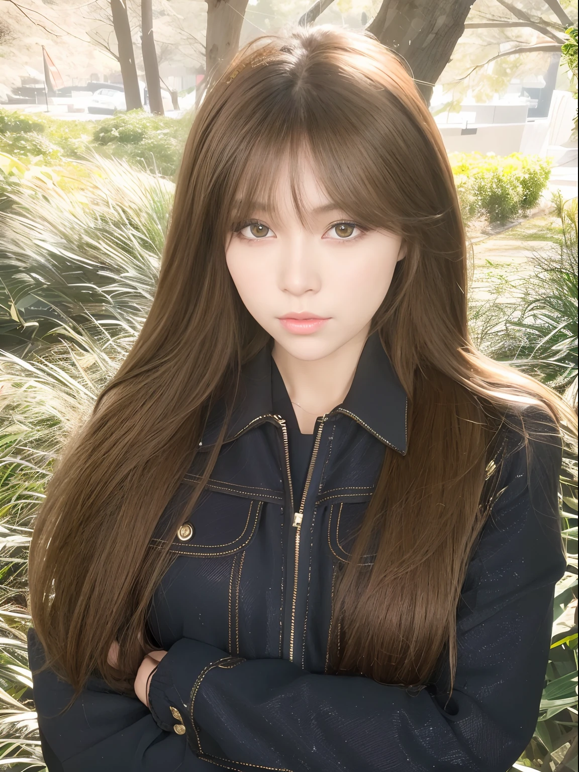 Woman with long brown hair and black t-shirt, ulzzangs, long whitr hair,Thick bangs, Long hair with bangs, With long hair, Brown hair long,By bangs, Long black hair,By bangs, tidy hair,By bangs, Soft hair, Anime girl in real life, Korean girls, brown hair and bangs, curly,Perfect girl,photographrealistic,tmasterpiece,Best quality at best,high qulity,finedetail,Clear focus,Delicate facial detail texture,Smooth face shape, Smooth and natural,Very detailed faces,The hair is honey tea flaxen color,Honey tea linen long straight hair,