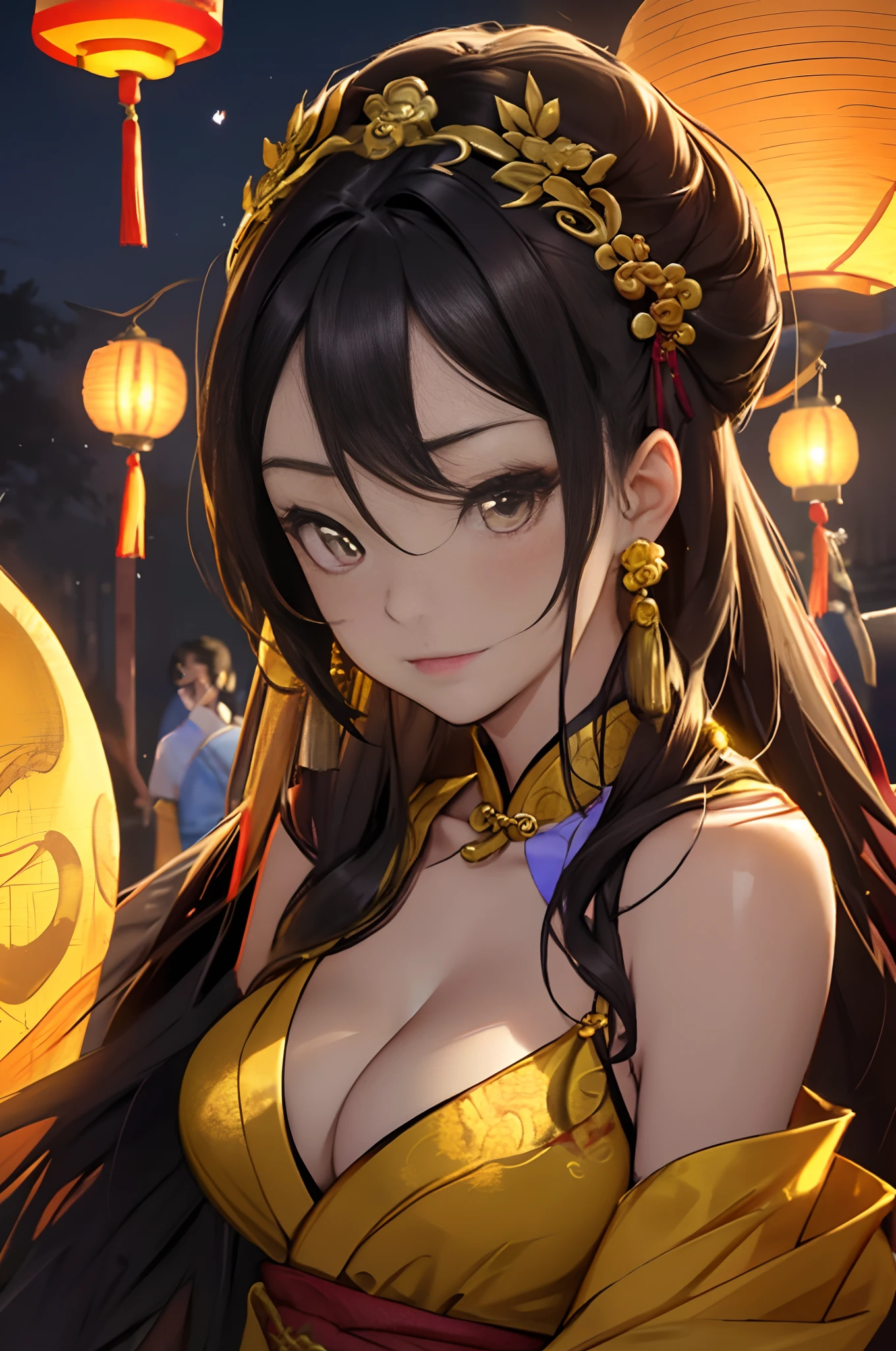 tmasterpiece，A woman who is，Raised sexy，closeup cleavage，Wear yellow dynasty costumes，Chinese Traditional Cloth，cabelos preto e longos，Bring a jade hairpin，Behind it are many Kong Ming lanterns flying into the sky，dynamicposes，closeup faces