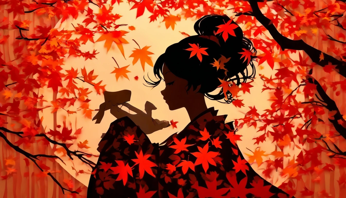 (Silhouette Art,cutouts:1.6)
(((Paper cutting art,A world where only black exists:1.3)
(Cowboy Shot),1 girl,Solo,
(Kimono Girl,profile:1.2),white, Clear and beautiful face,
BREAK
(Single Red Autumn Leaves)
Textured glass background,