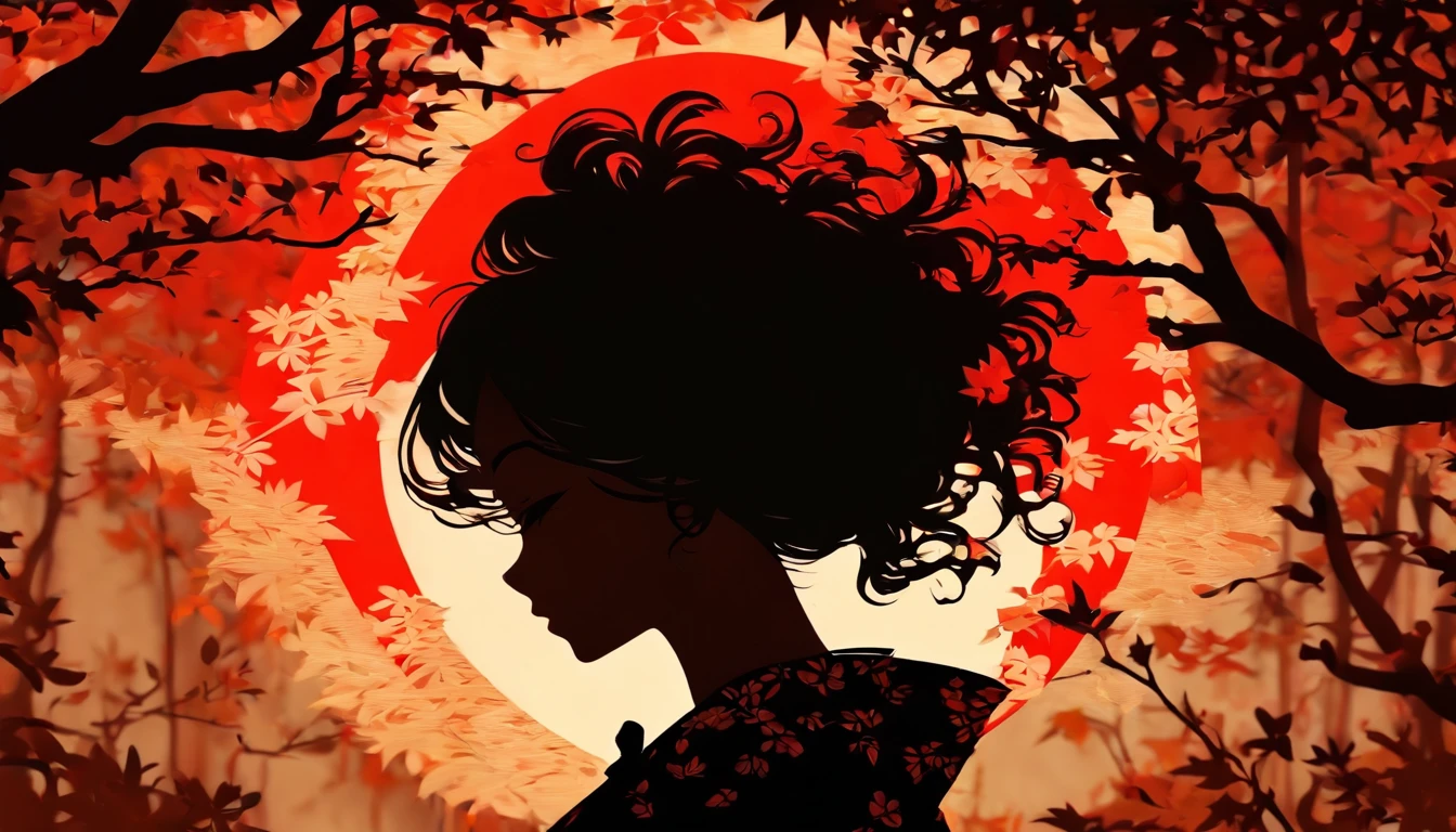 (Silhouette Art,cutouts:1.6)
(((Paper cutting art,A world where only black exists:1.3)
(Cowboy Shot),1 girl,Solo,
(Kimono Girl,profile:1.2),white, Clear and beautiful face,
BREAK
(Single Red Autumn Leaves)
Textured glass background,