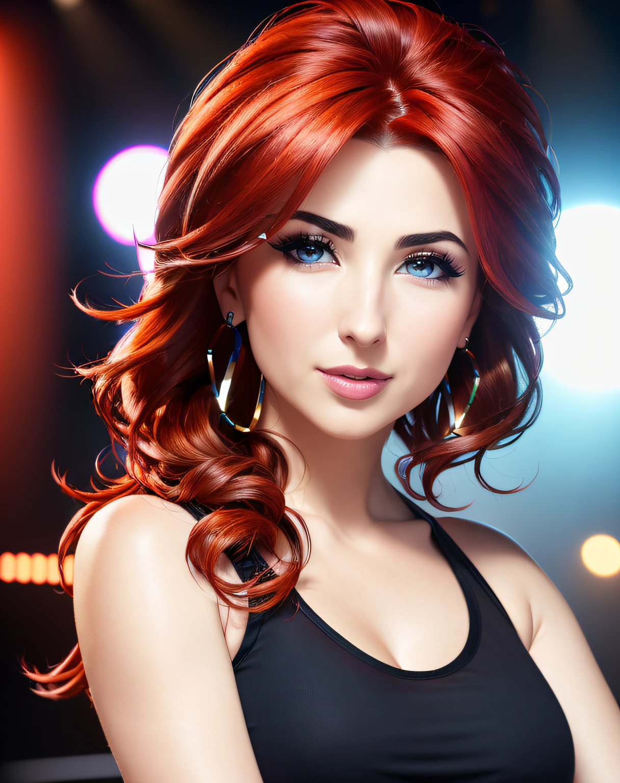 Nancy ajram, lips slightly open, red hair, blue eyes, hair style: hair up, (8k, RAW photo, best quality, masterpiece:1.2),ultra-detailed, (high detailed skin:1.2), 8k uhd, dslr, soft lighting, high quality, wearing Aerosmith's Peace Out Marquee black Tank Top,