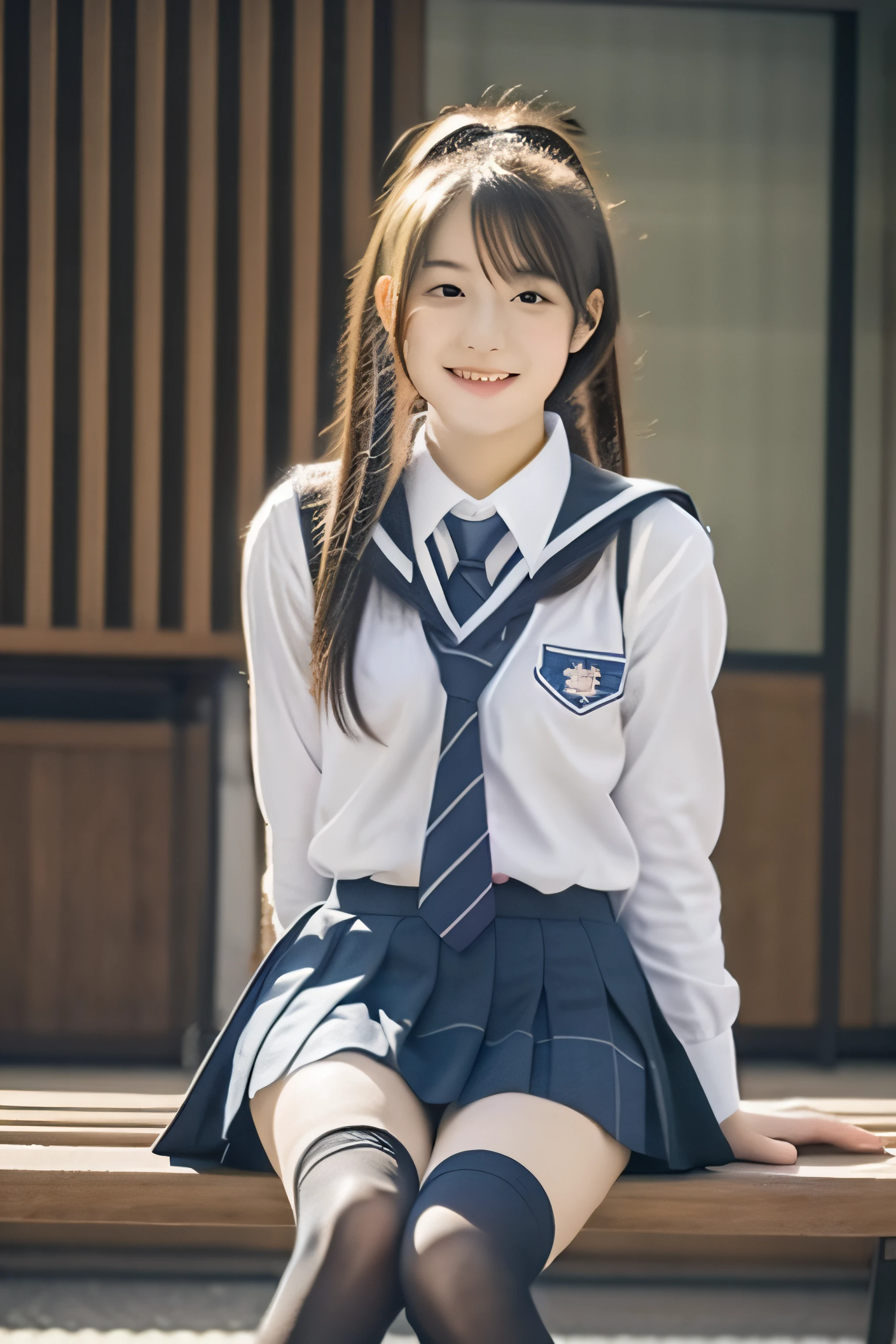 arafed asian woman sitting on a bench with her legs crossed, Japan school uniform, wearing japanese school uniform, japanese girl school uniform, of a schoolgirl posing, Cute Schoolgirl, wearing skirt and high socks, a hyperrealistic schoolgirl, Young Pretty Gravure Idol, Realistic Young Gravure Idol, thighhighs and skirt, a hyperrealistic schoolgirl