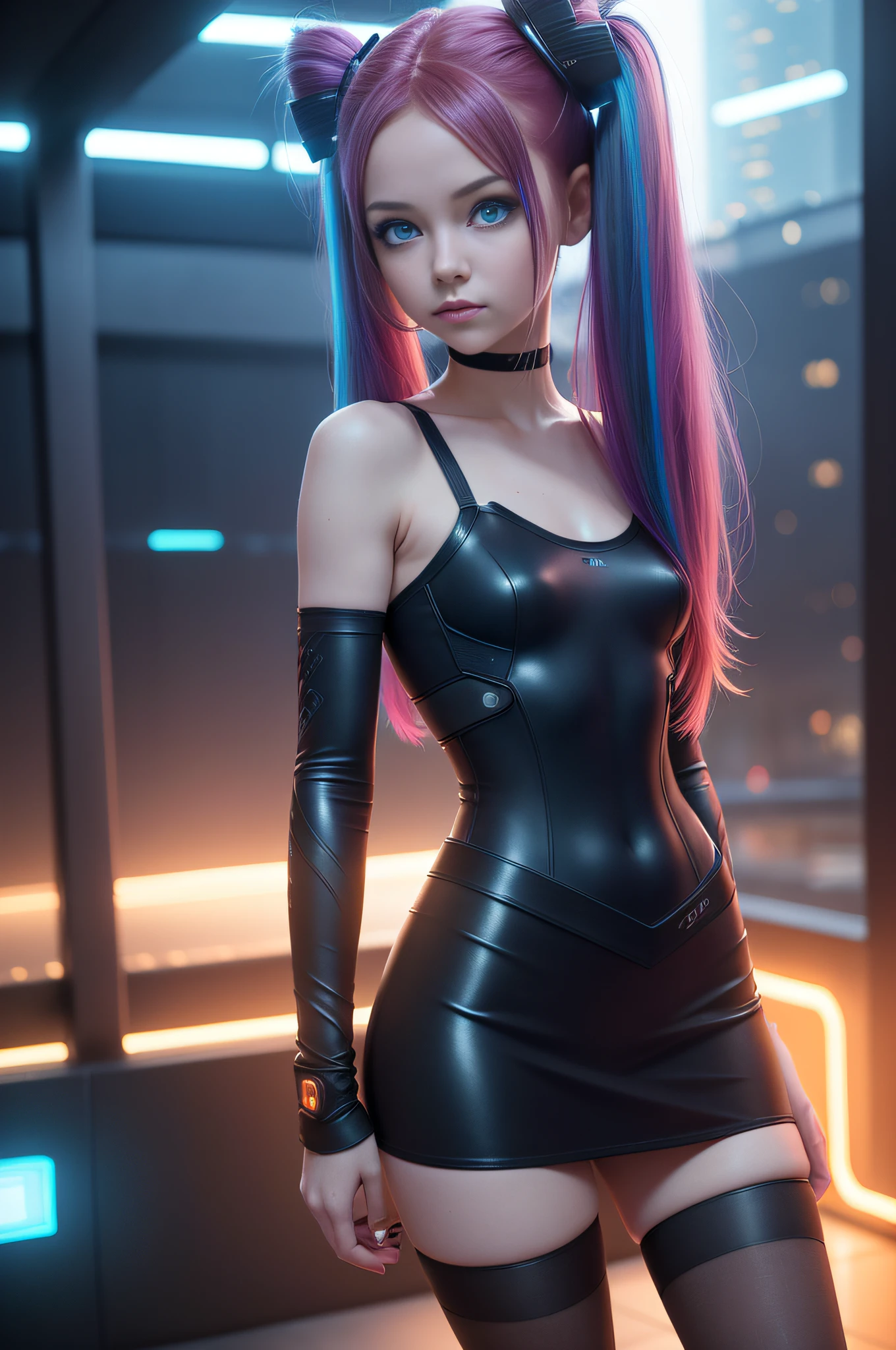 Girl with long blue and pink hair, tied in two ponytails, well-proportioned, Beautiful figure, in a luminous black dress with blue accents, stands, Leaning against the wall, with lamp, Futuristic interior, with cyberpunk elements, night time, neon lamps with blue lights glow in the room , Pink, black, yellow tones, Futurism, ciberpunk, cinematic quality, Masterpiece, high-quality photo