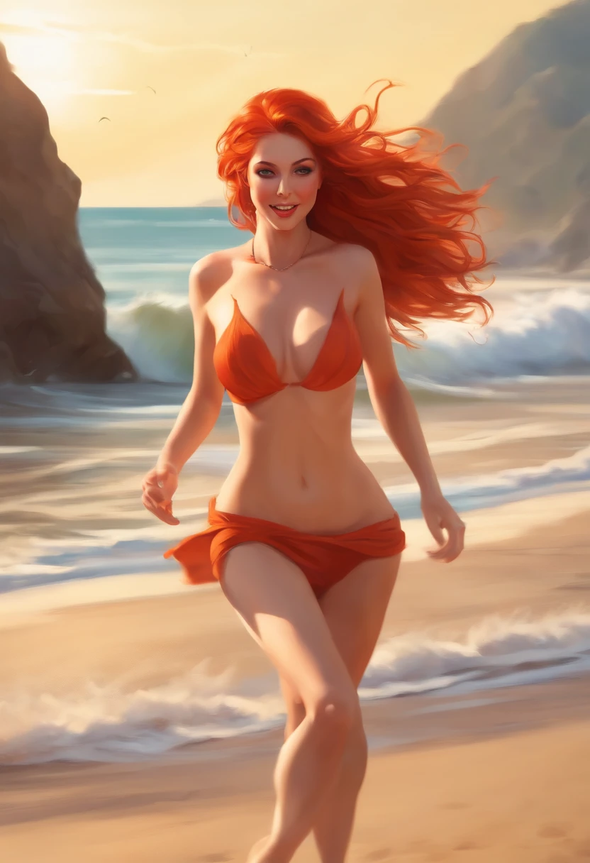 Jovial red head running naked on the beach, large breasts anime style