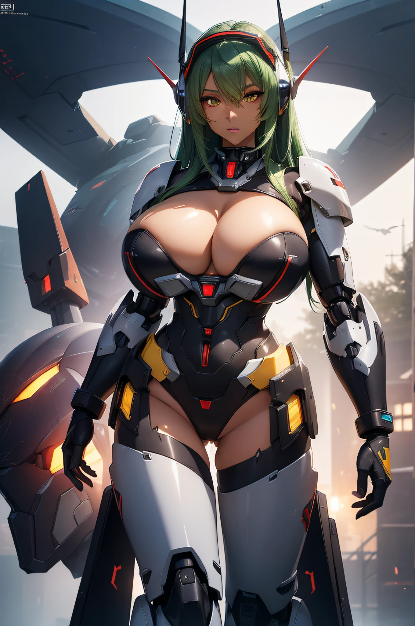 super high image, super detail, super high resolution, anime, manga, illustration,(full body image), (((beautiful dark elf))), shiny green hair, (yellow eyes), red alluring moist thick lips, (erotic expression), ((((Huge breasts)))), ((under boob)), ((side boob)), abs, great proportion, perfect proportion, slender, full body, (hour glass body type), ((showing cleavage)), (((mecha pilot armor))), ((Mech in background)), professional lighting, ((dark skin)), forest