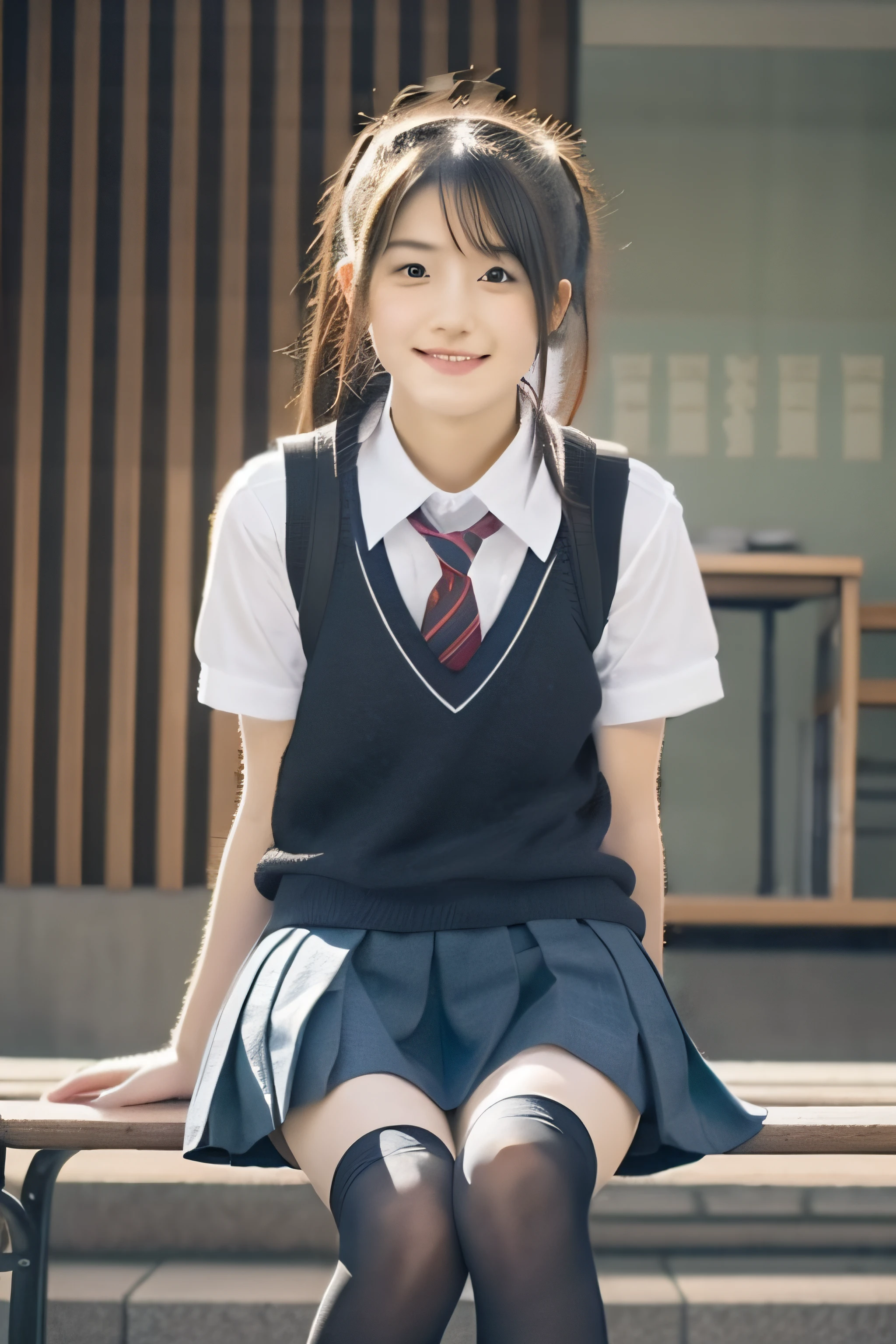 arafed asian woman sitting on a bench with her legs crossed, Japan school uniform, wearing japanese school uniform, japanese girl school uniform, of a schoolgirl posing, Cute Schoolgirl, wearing skirt and high socks, a hyperrealistic schoolgirl, Young Pretty Gravure Idol, Realistic Young Gravure Idol, thighhighs and skirt, a hyperrealistic schoolgirl