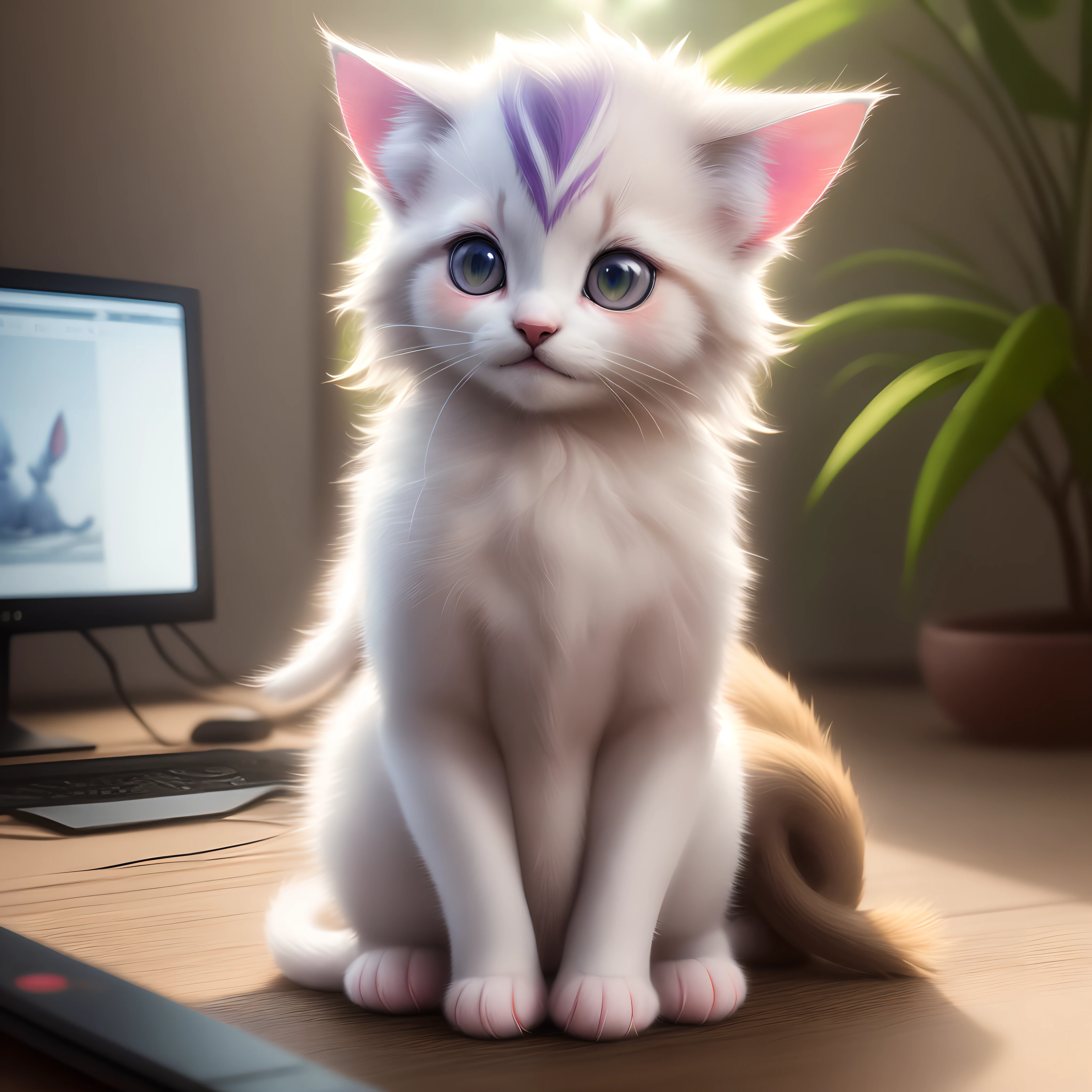 "Describe an adorable scene involving a fluffy kitten that's sure to make readers' hearts melt.

Home
Studio

Model
Personal
Generate
AI Chat







Nature Beauty
Espeon





Try
Prompts
Copy
Very cute fluffy white tropical punk kitten, professional lighting, depth of field 8k, golden magic hour, professional photography, octane rendering, ultra realistic - amazing sunlight, dynamic composition, photography, sharp focus, 
"