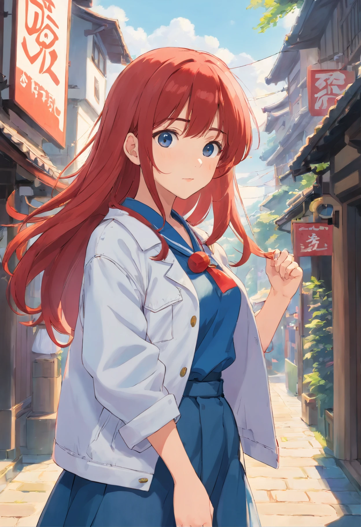 1girll, garments: Blue denim skirt, Flag Japan white coat, red hair, Long hair, Say goodbye with your hands, tmasterpiece, best qualityer, highly  detailed