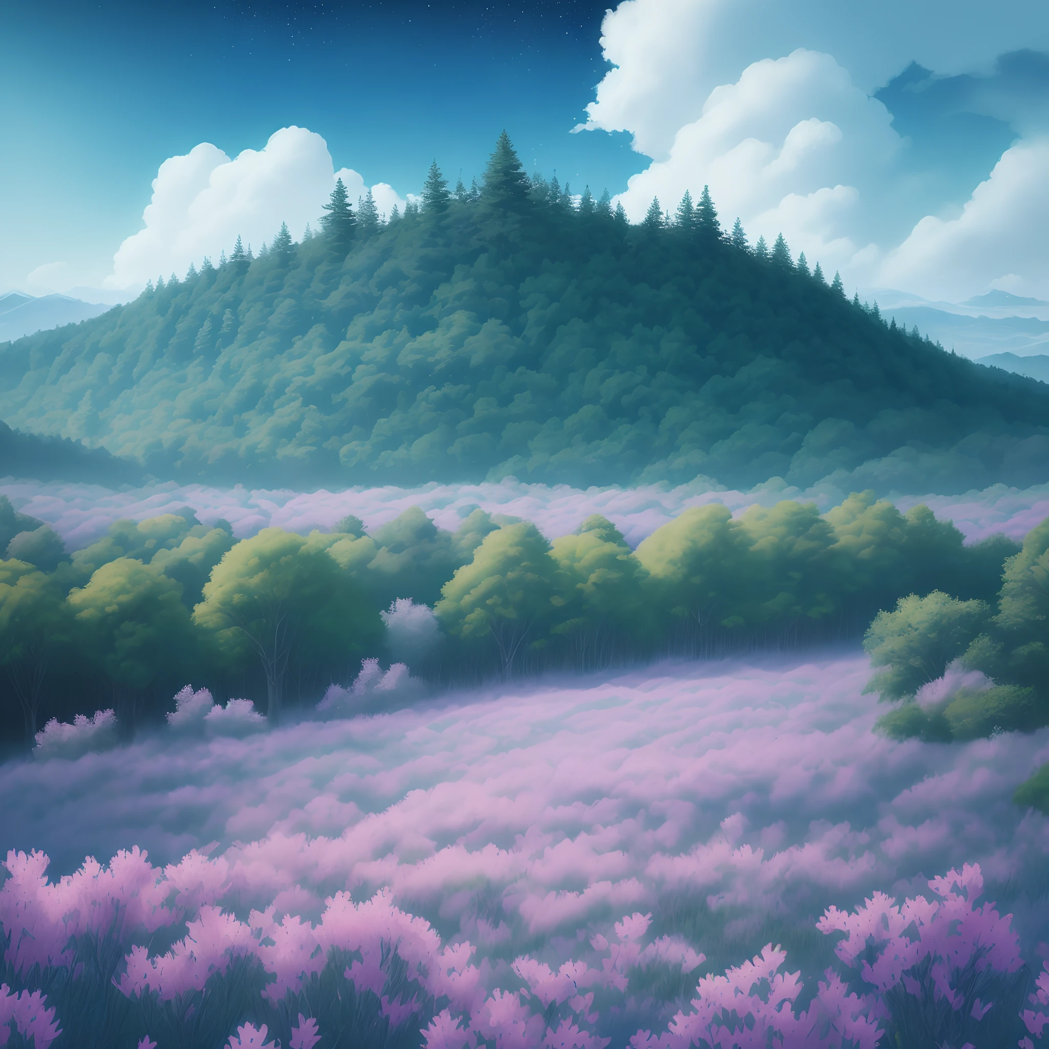 "lots of trees, Cartoon Illustration, Gradient sky with shining stars and pastel colors. Immerse yourself in a mysterious world full of magical elements (Weighting by 0.9). As you explore the picturesque outlines of flowers embedded in the landscape、Enjoy a touch of magic (Weight 0.8).There were cloudy clouds all over the sky.、The color of the sky is light blue."