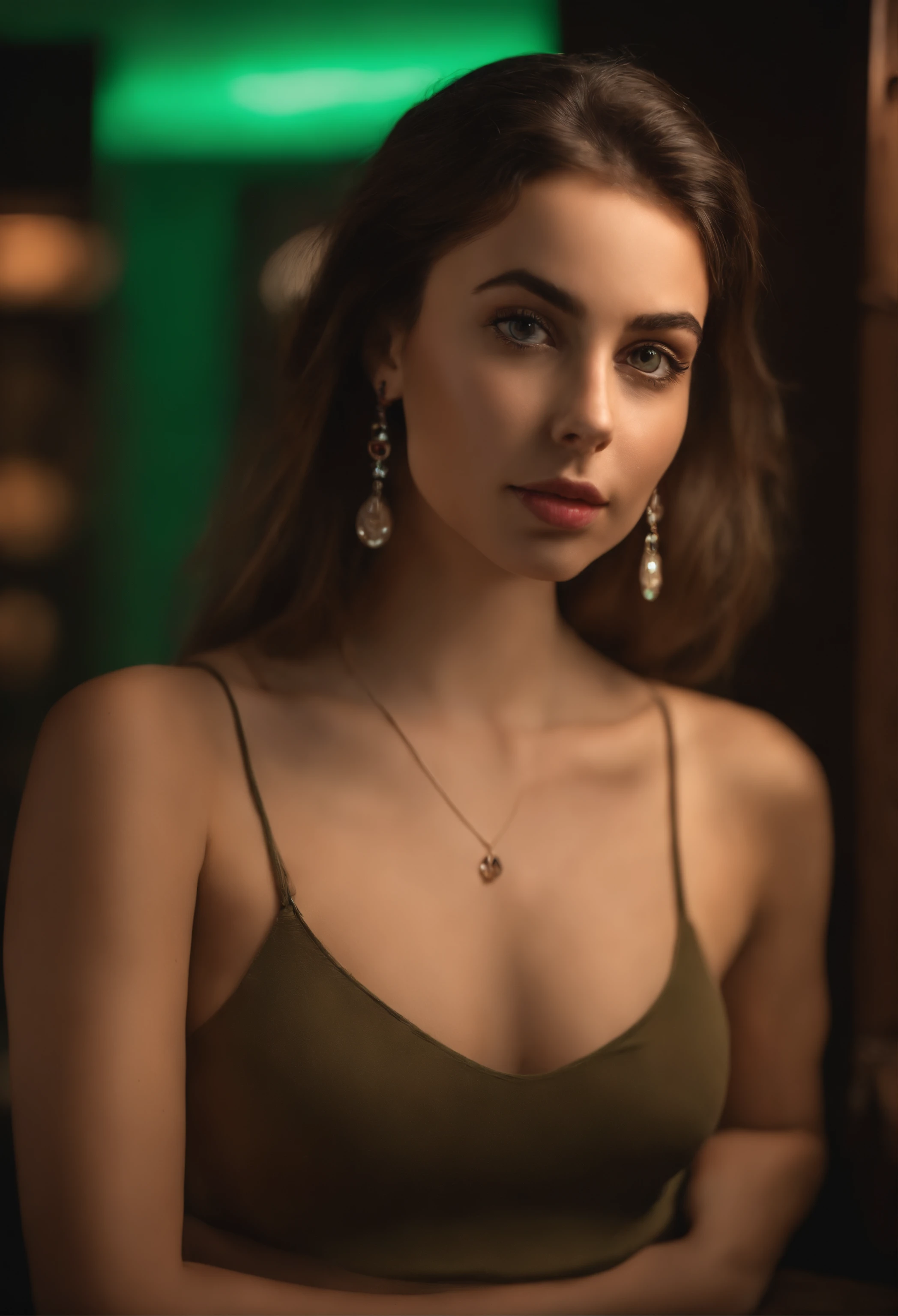 arafed woman with a red tank top and a green necklace in a club, y girl with brown eyes, portrait sophie mudd, brown hair and large eyes, selfie of a young woman, bedroom eyes, violet myers, without makeup, natural makeup, looking directly at the camera, face with artgram, subtle makeup, piercing brown eyes