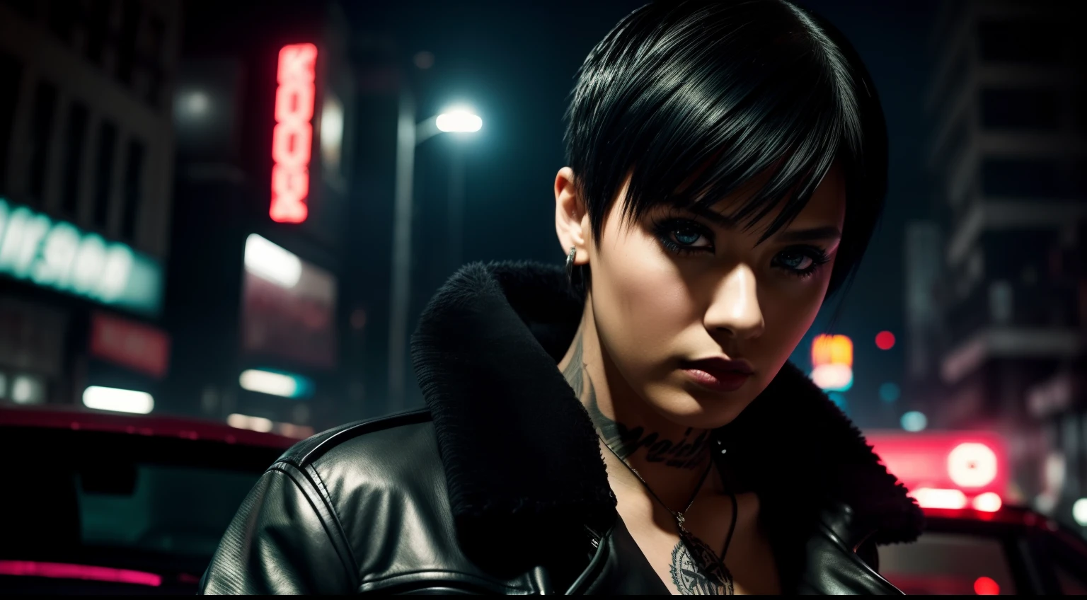 Close-up, a beautiful stylish fashion russian black-haired girl, tattered outfit, short chelsea side cut hair, punk outfit, pink outfit, lipstick, action movie scene,cinematic blade runner dystopian scene, night, bustling with neon signs, blade runner aesthetics, crowded with people,movie cinematography,trash gang, attractive person,high emphasis on detail,wearing weather tech gear,trash gang, tattoos,night life,full of life ,trash gang , action movie shot by Kon Satoshi, style Semi Impasto, matte painting, atmospheric, glowing, dramatic lighting, beautiful eyes, symmetric eyed, perfect eyes