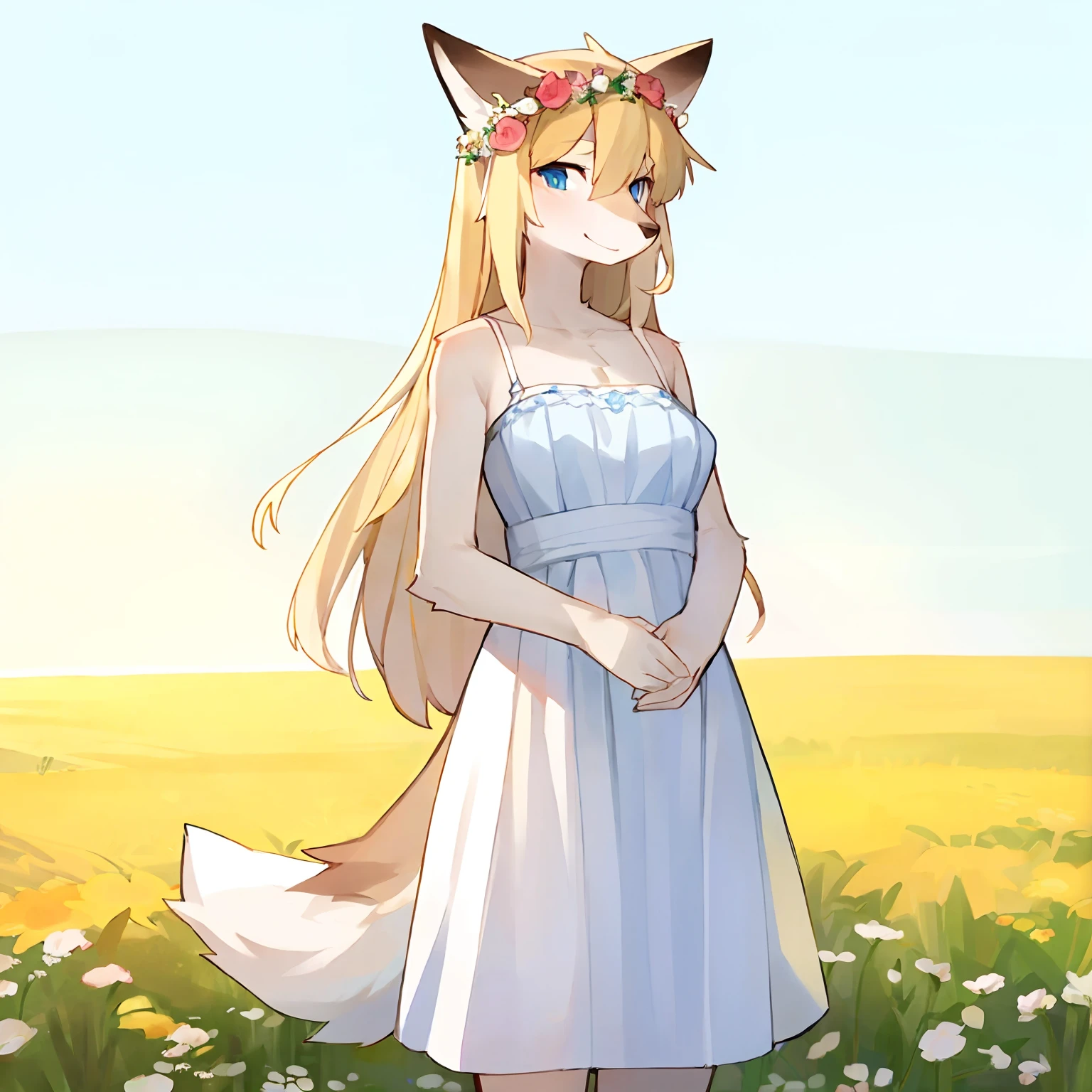 byTubasa, by bebebebebe, by zakro_zkzk25, by kame_3t, solo, female, lithe body, thin body, canine, wolf, blonde hair, long hair, blue eyes, snout, standing, peasant expression, smiling, white lacy sundress, Flower Crown, European field background, pastel colors.