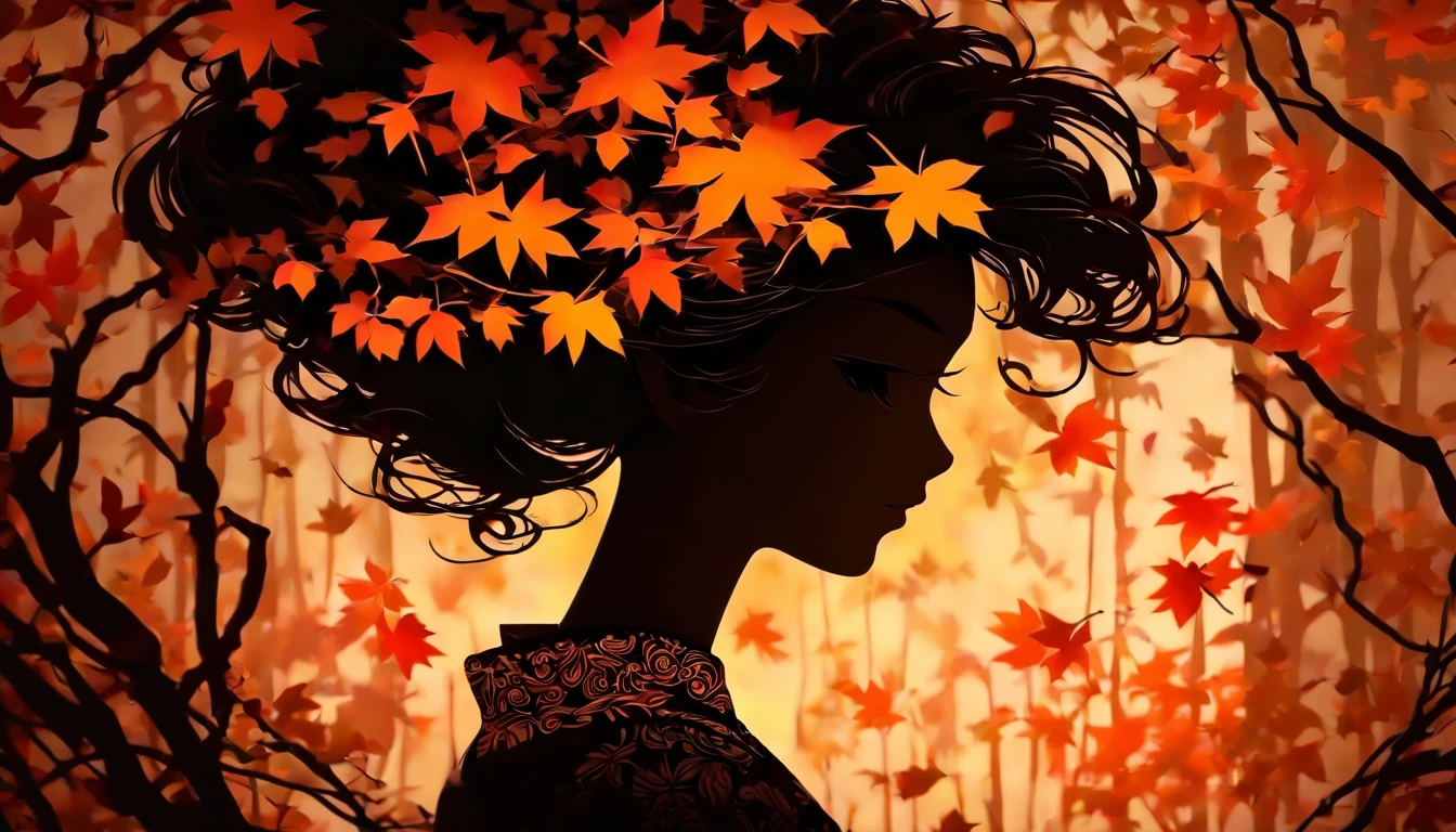 (Silhouette Art,cutouts:1.6)
(((Paper cutting art,A world where only black exists:1.3)
(Cowboy Shot),1 girl,Solo,
(Kimono Girl,profile:1.2),white, Clear and beautiful face,
BREAK
(Single autumn leaves)
Textured glass background,