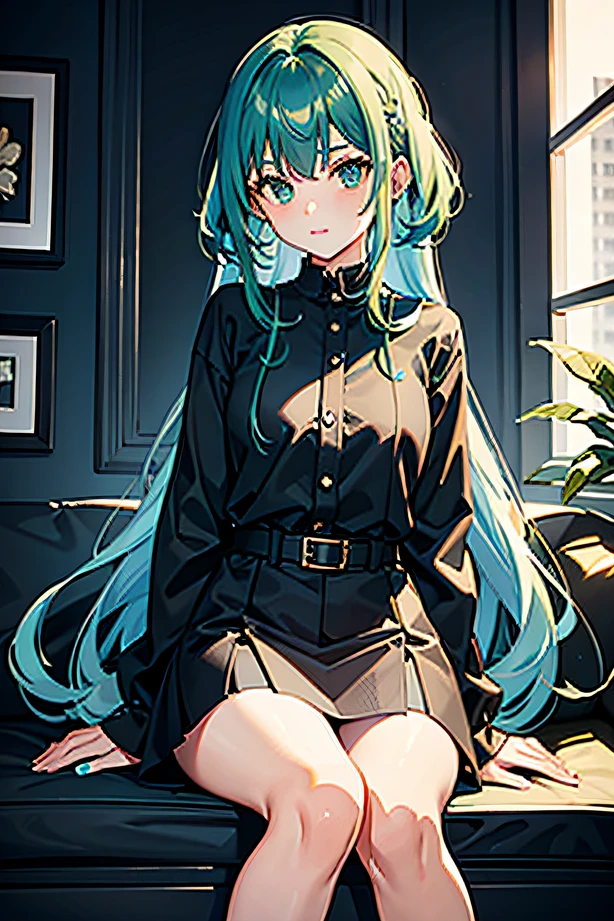 1girl, green hair:1.2 AND blue hair:0.8, black long-sleeve blouse