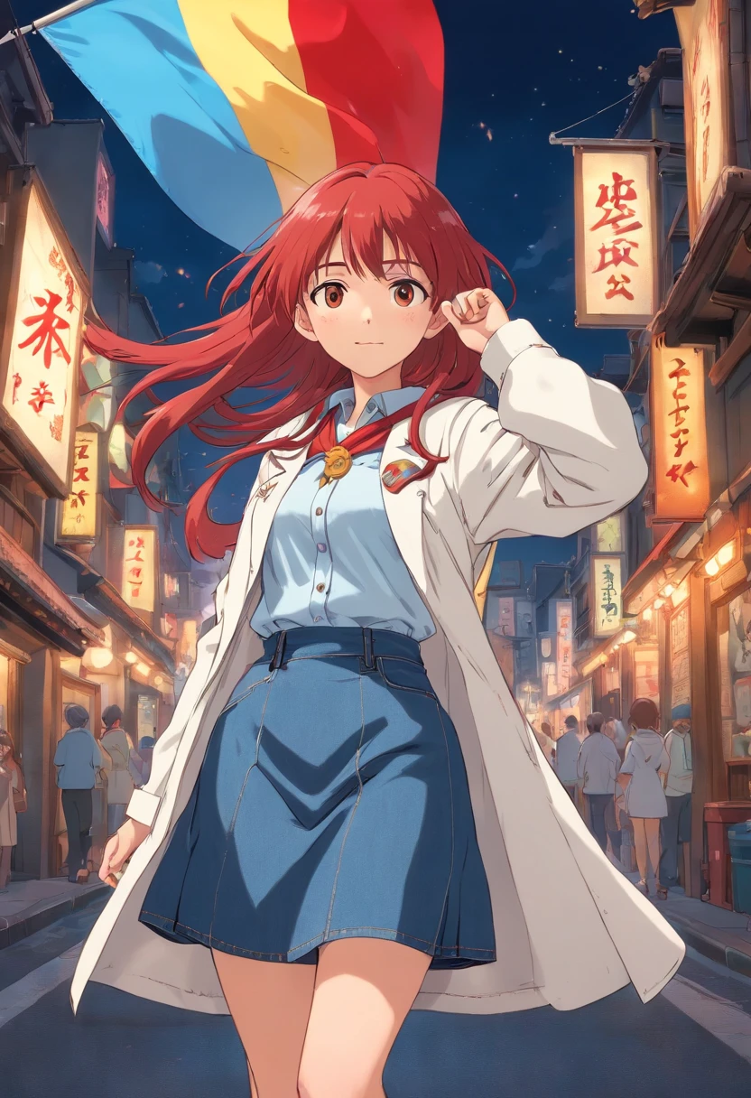1girll, garments: Blue denim skirt, Flag Japan white coat, red hair, Long hair, Say goodbye with your hands, tmasterpiece, best qualityer, highly detailed