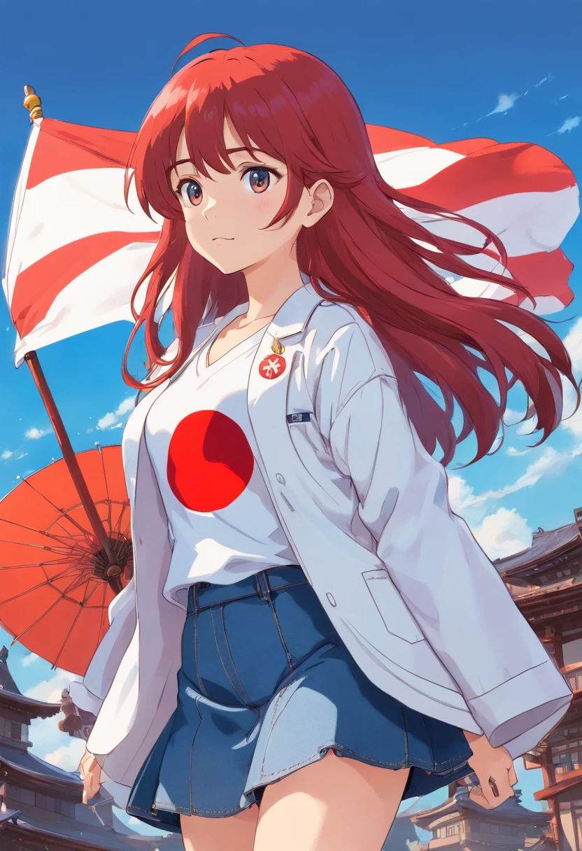 1girll, garments: Blue denim skirt, Flag Japan white coat, red hair, Long hair, Say goodbye with your hands, tmasterpiece, best qualityer, highly  detailed