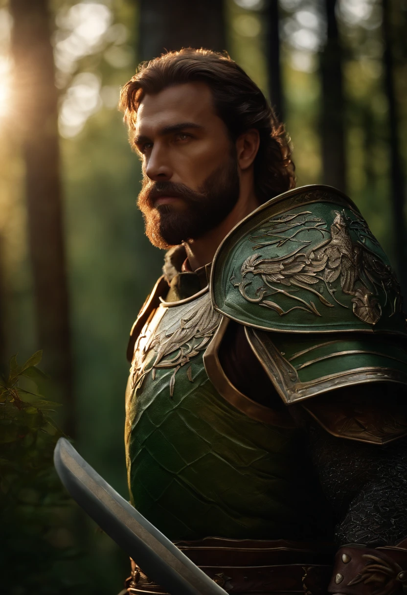 (best quality,4k,8k,highres,masterpiece:1.2),ultra-detailed,(realistic,photorealistic,photo-realistic:1.37),portrait,armor,green color,claws,crown,shoulder pads,man,warrior,strong,confident,medieval,fantasy,forest background,sunlight,beam of light,filtered lighting,battle-ready,ferocious expression,muscular build,stoic stance,imposing figure,decorative details,fierce eyes,beard,ornate engravings,majestic presence,serene yet powerful,attention to detail,striking composition,dynamic pose,lush vegetation,shield,sword