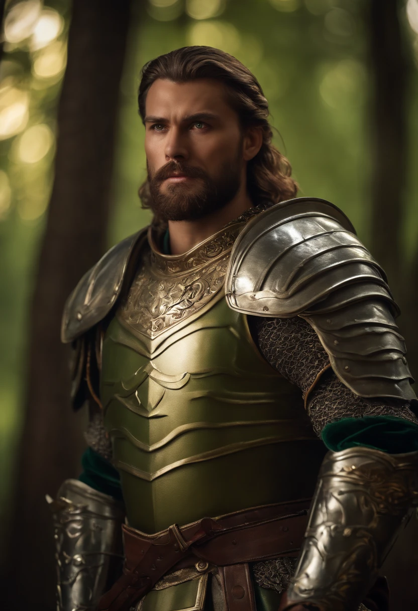 (best quality,4k,8k,highres,masterpiece:1.2),ultra-detailed,(realistic,photorealistic,photo-realistic:1.37),portrait,armor,green color,claws,crown,shoulder pads,man,warrior,strong,confident,medieval,fantasy,forest background,sunlight,beam of light,filtered lighting,battle-ready,ferocious expression,muscular build,stoic stance,imposing figure,decorative details,fierce eyes,beard,ornate engravings,majestic presence,serene yet powerful,attention to detail,striking composition,dynamic pose,lush vegetation,shield,sword