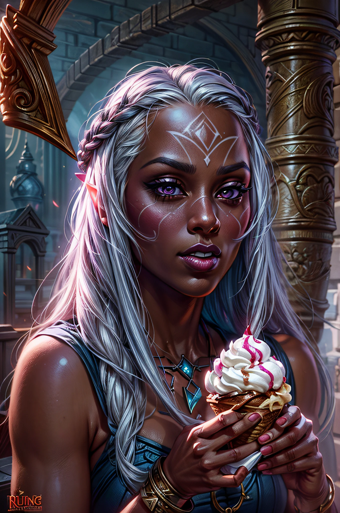 a portrait of female drow, dark elf,  eating ice cream, photorealistic, fantasy art, RPG art, a female dark elf wizard (ultra detailed, Masterpiece, best quality, fantasy art), extremely beautiful, dark skin, white hair, long hair, pulled back hair, purple eyes, jewelry, chocker, wearing intricate blue dress, dress with red runes, GlowingRunes_red eating ice cream (ultra detailed, Masterpiece, best quality, fantasy art), many flavors, whipped cream, chocolate syrup (ultra detailed, Masterpiece, best quality, fantasy art), [a small spider] walking near the ice cream (ultra detailed, Masterpiece, best quality, fantasy art),  magical lab background, fantasy art, high details, best quality, 16k, [ultra detailed], masterpiece, best quality, (ultra detailed), full body, ultra wide shot, photorealistic, fantasy art,