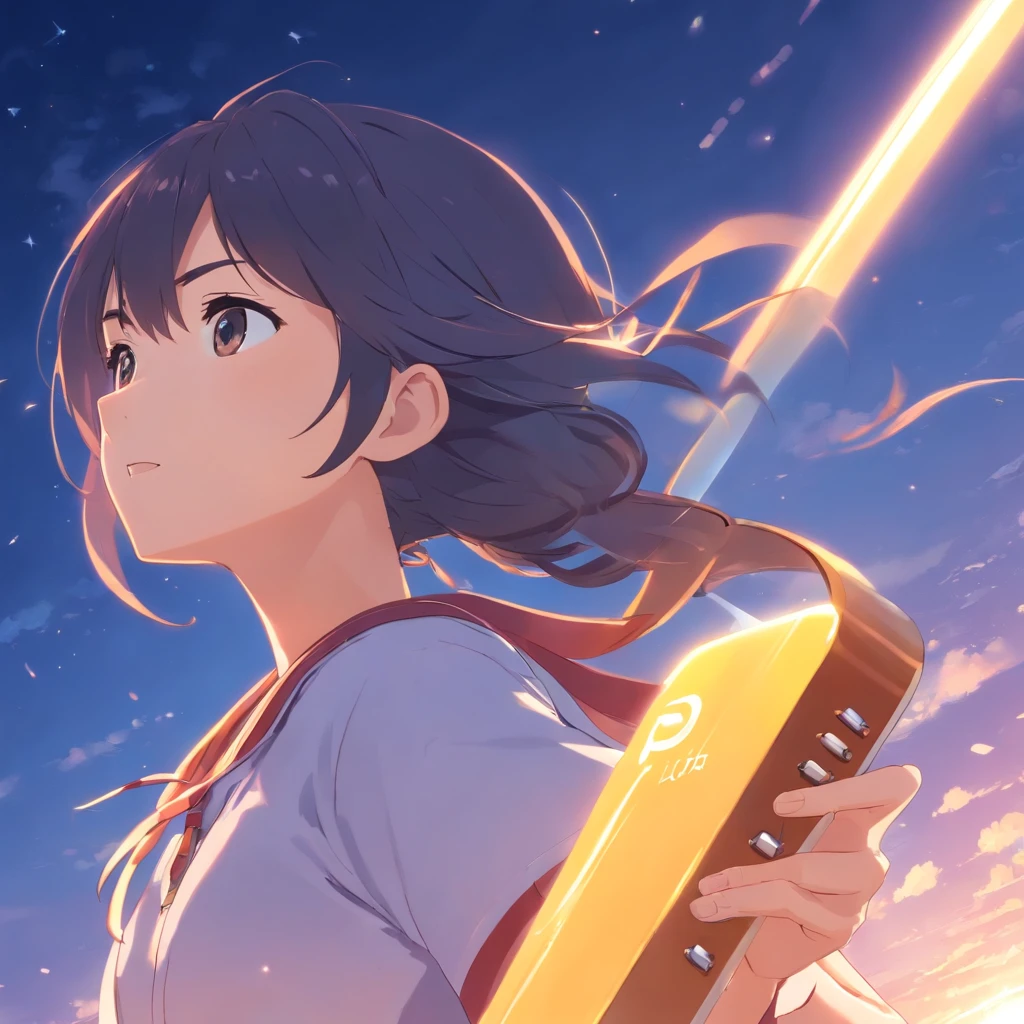 tmasterpiece，best qualtiy，cinematic Film still from，1girl，Cloud Girl，Floating in the sky，closeup cleavage，brightly，cheerfulness，Warm and soft lighting，the sunset，guitar ，play，Physical Education Student（spark of light：0.7）
