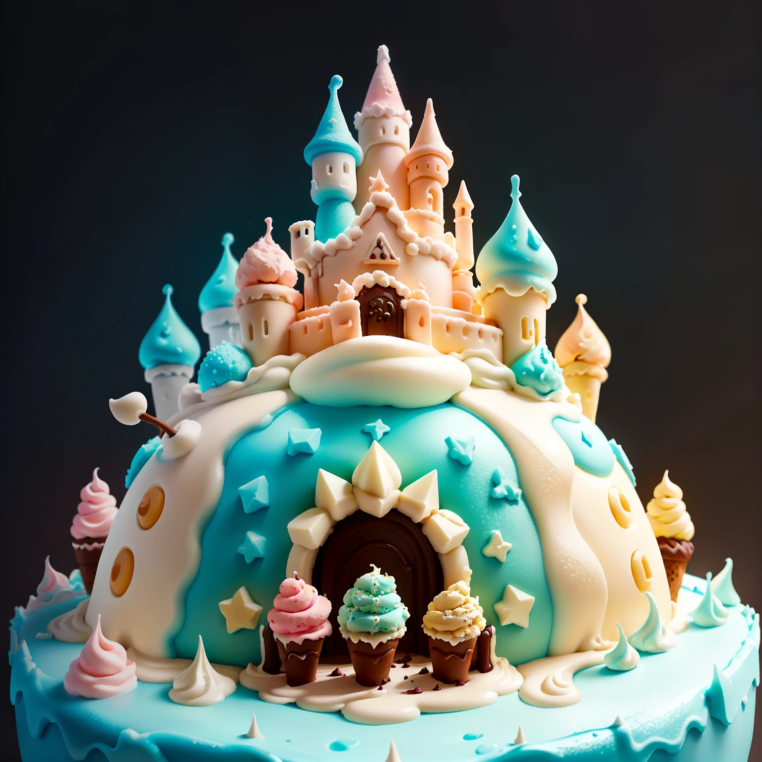 Ant castle built with cute ice cream，You can see the gates of Ant Castle，Ice cream toppings，Drizzle with chocolate， Realistic and detailed images