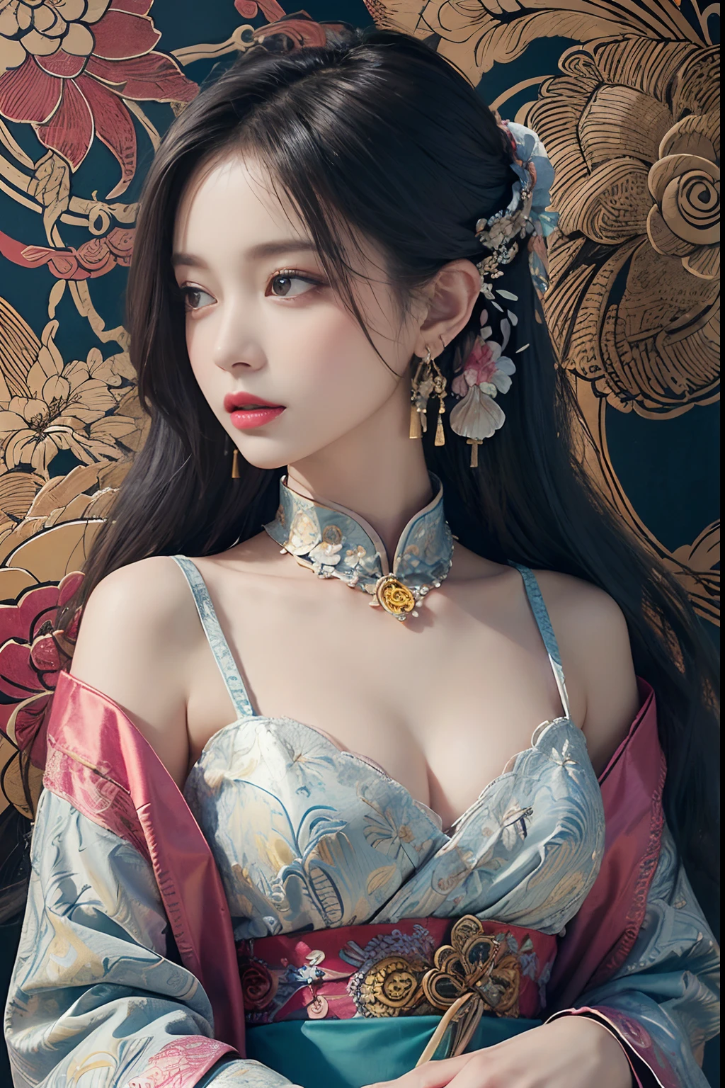 (masterpiece, top quality, best quality, official art, beautiful and aesthetic:1.2), (1girl:1.3), extremely detailed,(fractal art:1.1),(colorful:1.1)(flowers:1.3),highest detailed,(zentangle:1.2), (dynamic pose), (abstract background:1.3), (chinese Traditional cloth:1.2), (shiny skin), (many colors:1.4), ,(earrings:1.4),