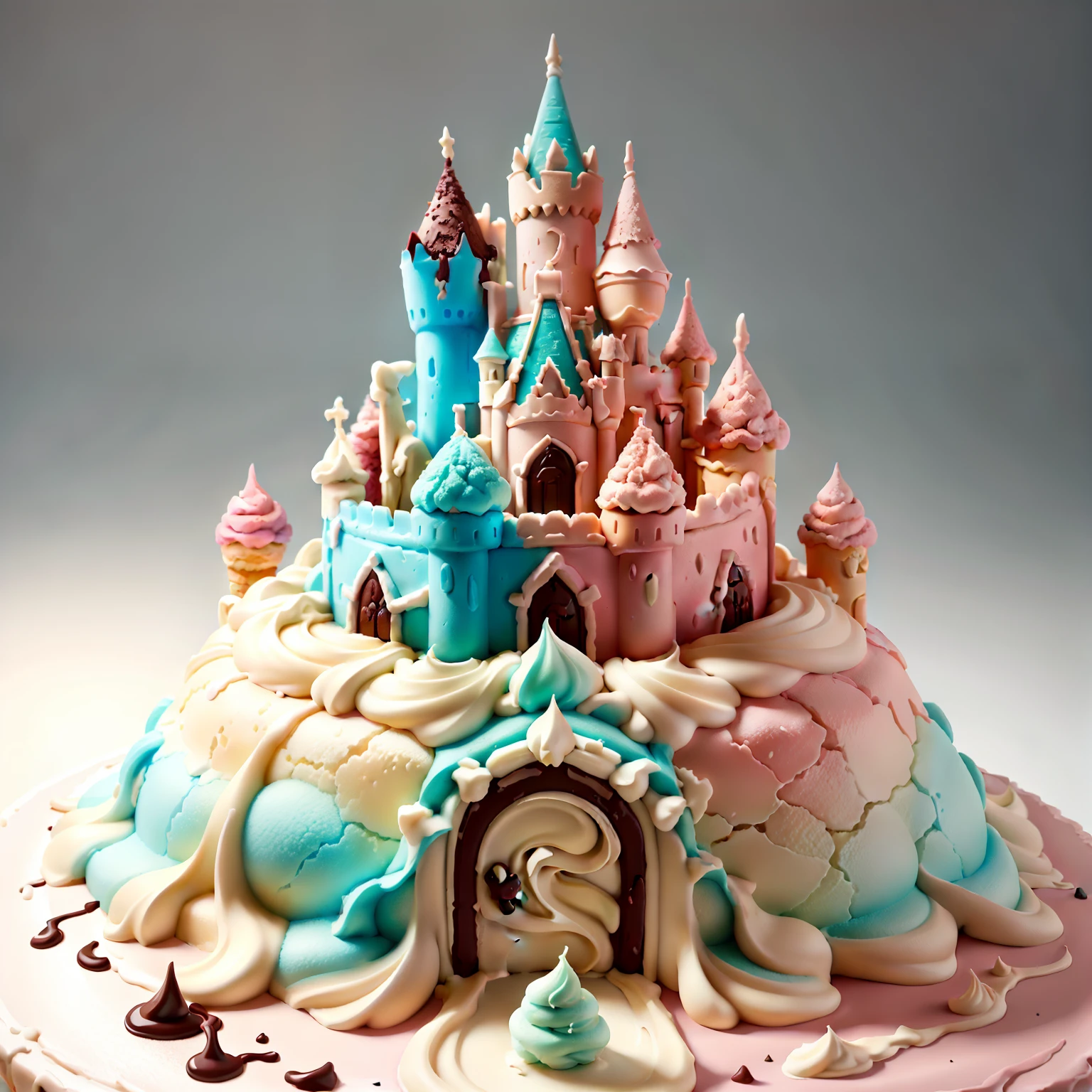 Ant castle built with cute ice cream,You can see the castle gates,Ice cream toppings,Drizzle with chocolate, Realistic and detailed images