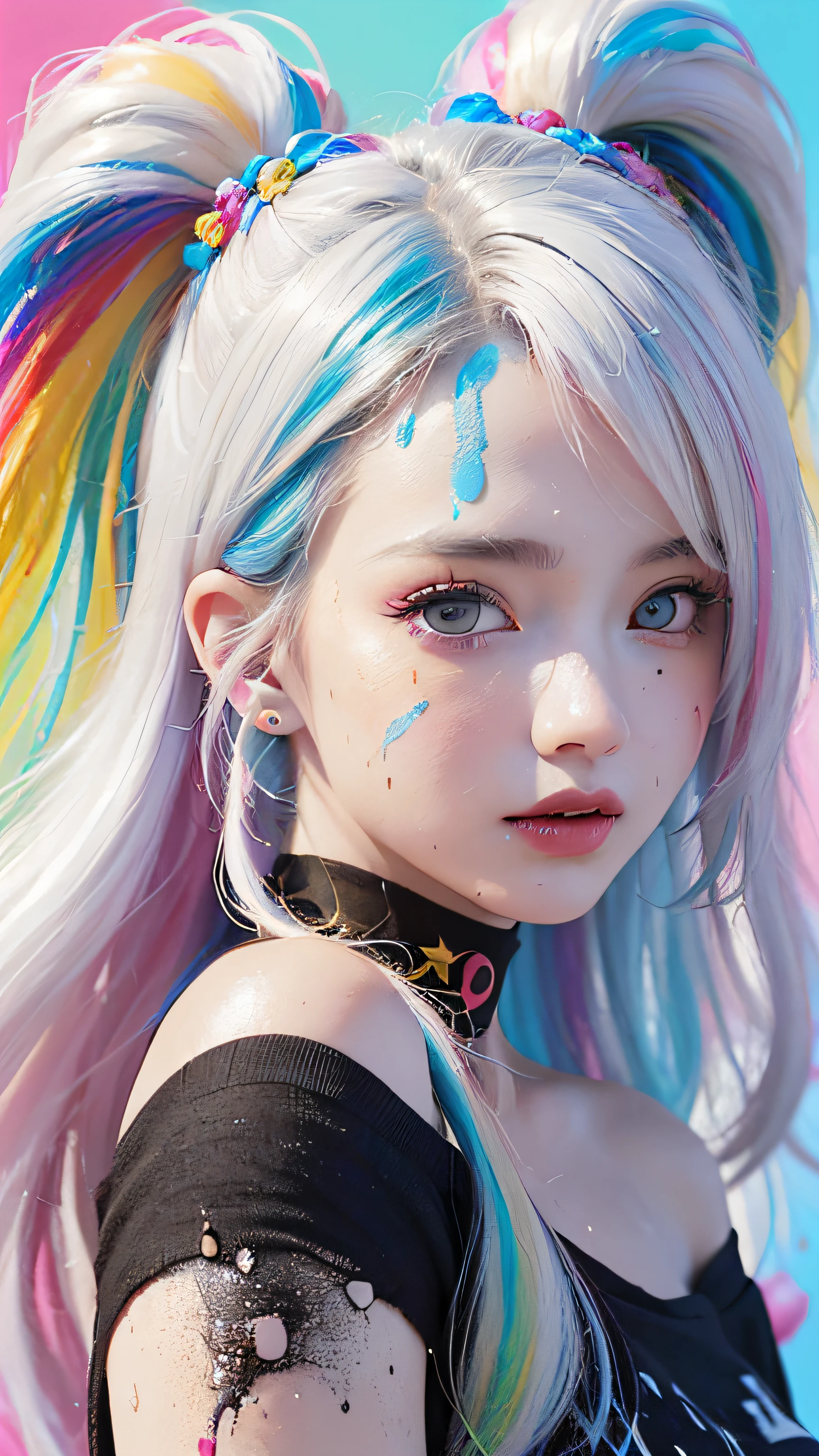 （Pink Fashion T-shirt：1.9），(Colorful hair: 1.8), (all the colours of the rainbow: 1.8),(((((vertical painting：1.6))), （painting：1.6），front, comics, illustrations, paintings, large eyes, crystal clear eyes,（ rainbow color gradient high ponytail：1.7）, exquisite makeup, closed mouth,(Small Fresh: 1.5),(Wipe Chest: 1.6) ，long eyelashes, white off shoulder T-shirt,  White Shoulder Shirt，looking at the audience, large watery eyes, (rainbow colored hair：1.6), color splash, （solo：1.8）, color splash, color explosion, thick paint style, messy lines, ((shining))，(colorful), (colorful), (colorful), colorful, Thick Paint Style, (Splash) (Color Splash), Vertical Painting, Upper Body, Paint Splash, Acrylic Pigment, Gradient, Paint, Highest Image Quality, Highest Quality, Masterpiece, Solo, Depth of Field, Face Paint,  colorful clothes, (Elegant: 1.2), gorgeous,long hair, wind, (Elegant: 1.3), (Petals: 1.4)，(((masterpiece))),(((best quality))),((ultra-detailed)),(illustration),(dynamic angle),((floating)),(paint),((disheveled hair)),(solo),(1girl) , (((detailed anima face))),((beautiful detailed face)),collar,bare shoulders,white hair, ((colorful hair)),((streaked hair)),beautiful detailed eyes,(Gradient color eyes),(((colorful eyes))),(((colorful background))),(((high saturation))),(((surrounded by colorful splashes))),