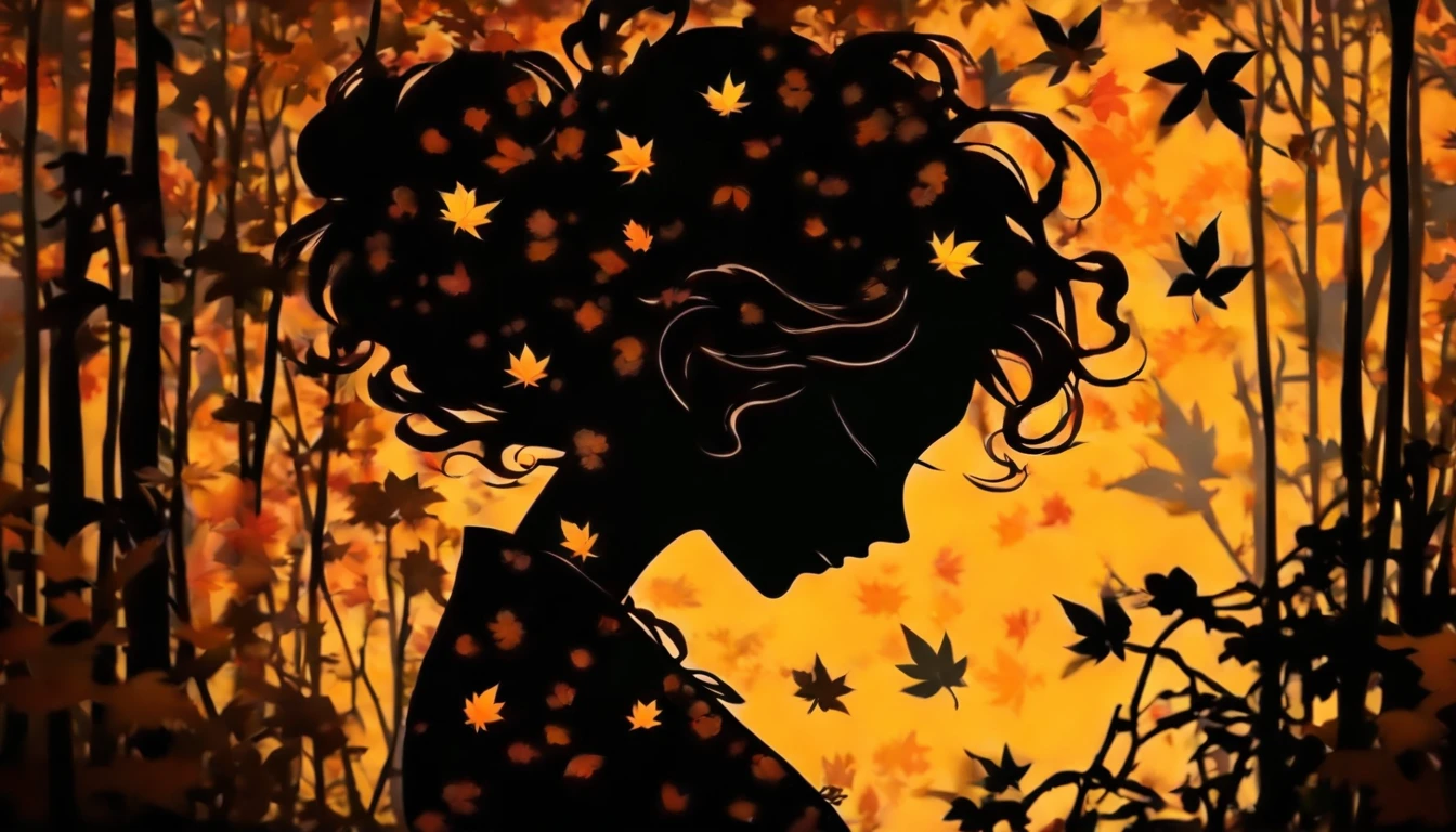 (Silhouette Art,cutouts:1.6)
(((Paper cutting art,A world where only black exists:1.3)
(Cowboy Shot),1 girl,Solo,
(Kimono Girl,profile:1.2),white, Clear and beautiful face,
BREAK
(Single yellow autumn leaves)
Textured glass background,