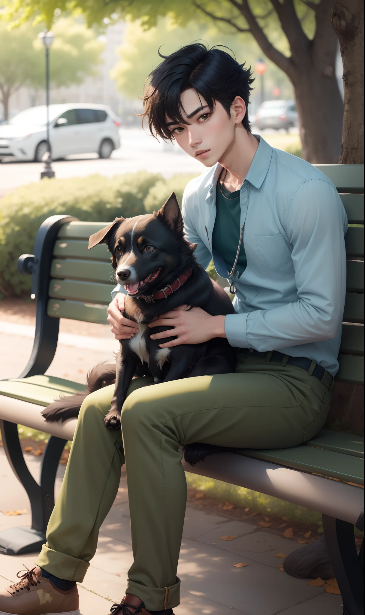 Anime boy with his dog in blue shirt and olive green pant clothes sitting on a park bench