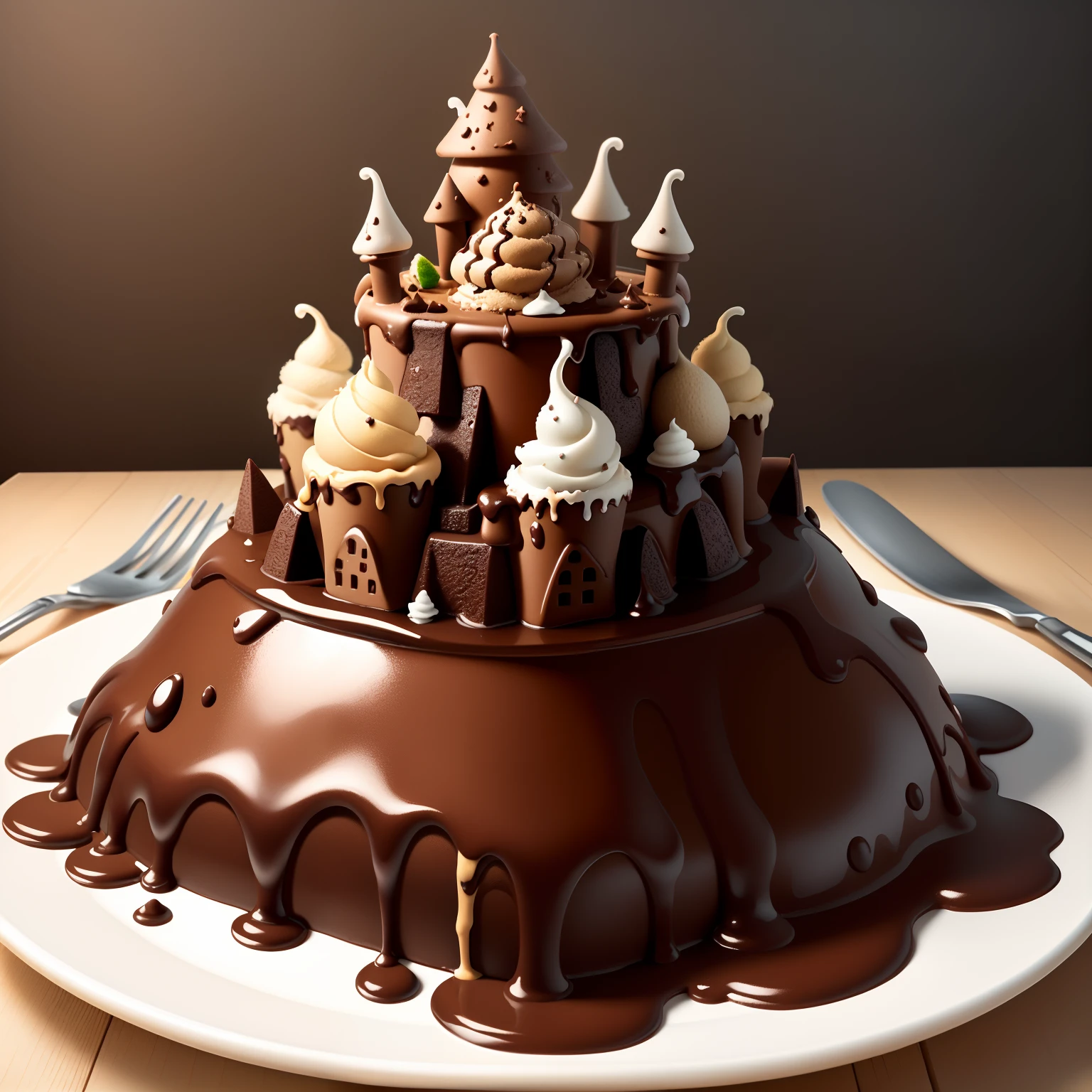 Ant castle built with cute chocolate ice cream，Ice cream composition，Drizzle with chocolate， Realistic and detailed images