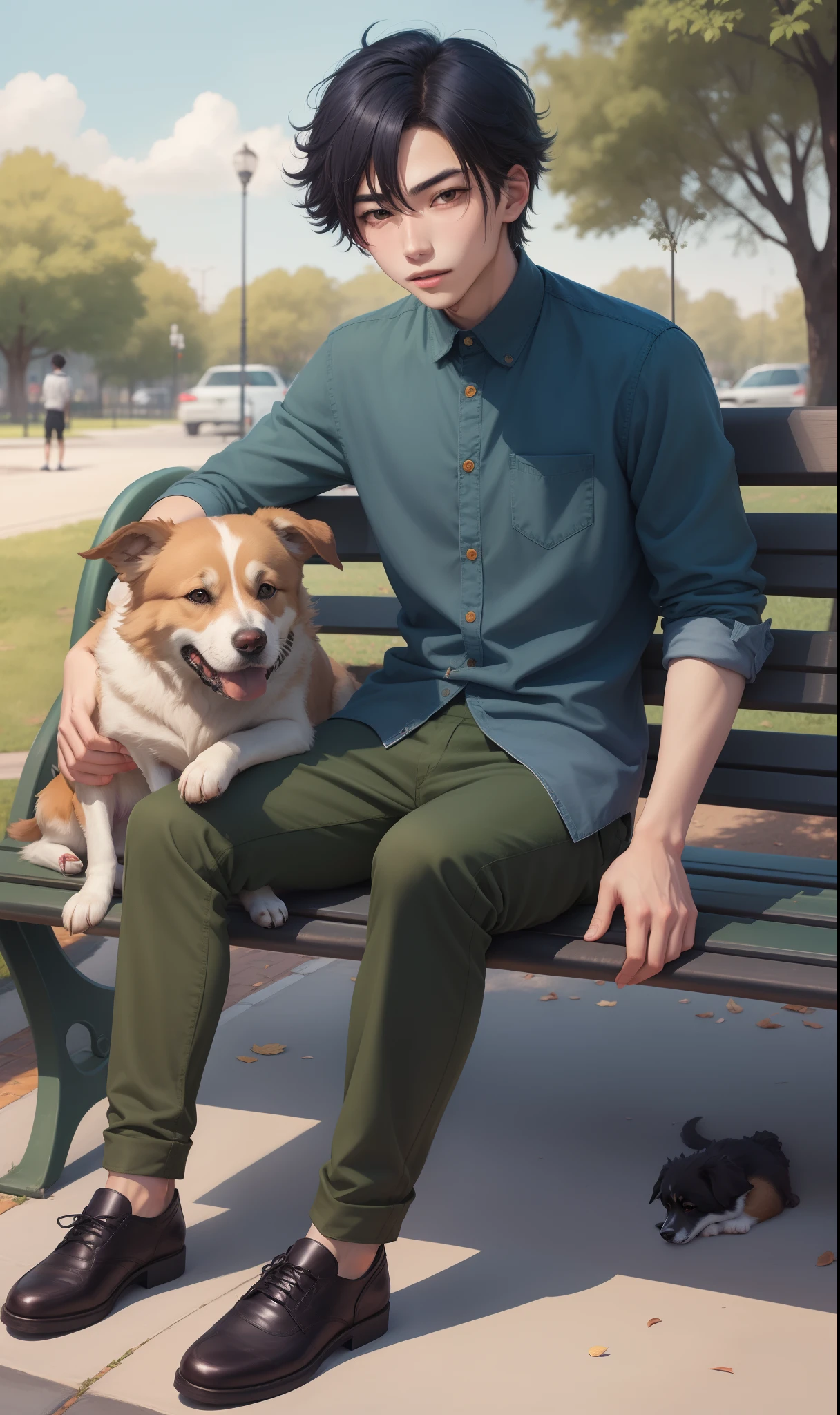 Anime boy with his dog in blue shirt and olive green pant clothes sitting on a park bench