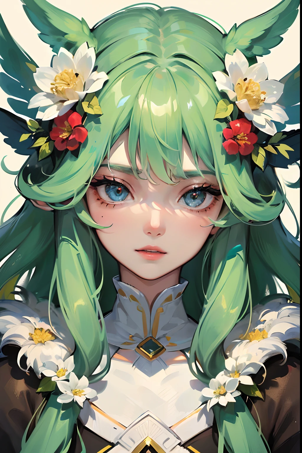 ((tmasterpiece))，(Best quality at best)，(A half body)，looks away，(ultra intricately detailed)，(Highest definition)，(8K)，(Clean lines)，(Perfect facial features，Perfect flesh)，(offcial art)，1girll，a druid，naturey，grassy，fresh flowers，Skins，Uncivilized，Hermit，Beast characteristics