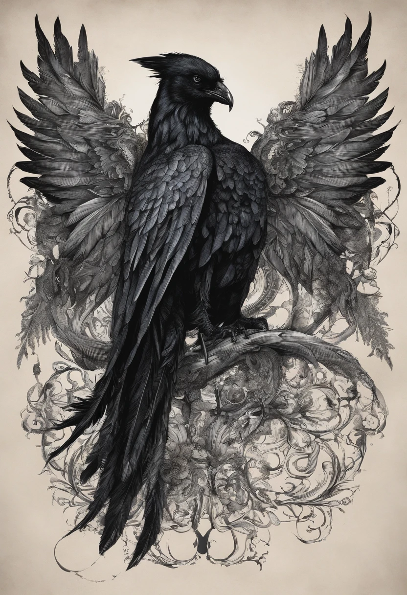 Hyperrealistic black ink Feathers arranged to spell out "Darren". In the image of a Majestic raven with outstretched wings. Stunning masterpiece