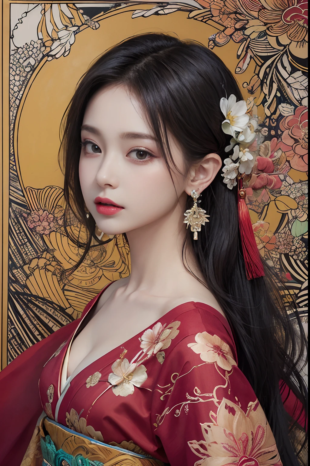 (masterpiece, top quality, best quality, official art, beautiful and aesthetic:1.2), (1girl:1.3), extremely detailed,(fractal art:1.1),(colorful:1.1)(flowers:1.3),highest detailed,(zentangle:1.2), (dynamic pose), (abstract background:1.3), (chinese Traditional cloth:1.2), (shiny skin), (many colors:1.4), ,(earrings:1.4),