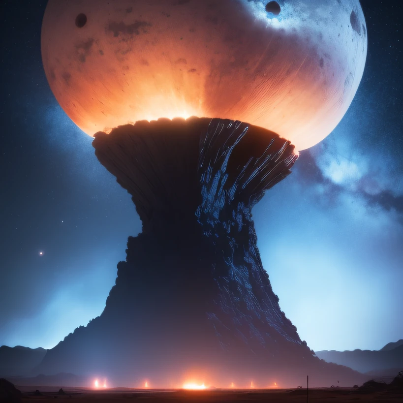 Alien base (Very detailed) In the mountainous desert，There are several exhaust fans and chimneys, Some spotlights come out of the base to illuminate dark places, (Extreme nights), Some clouds in the night sky, Some of the surrounding planets provide air to unknown planets，The farthest giant volcano is erupting