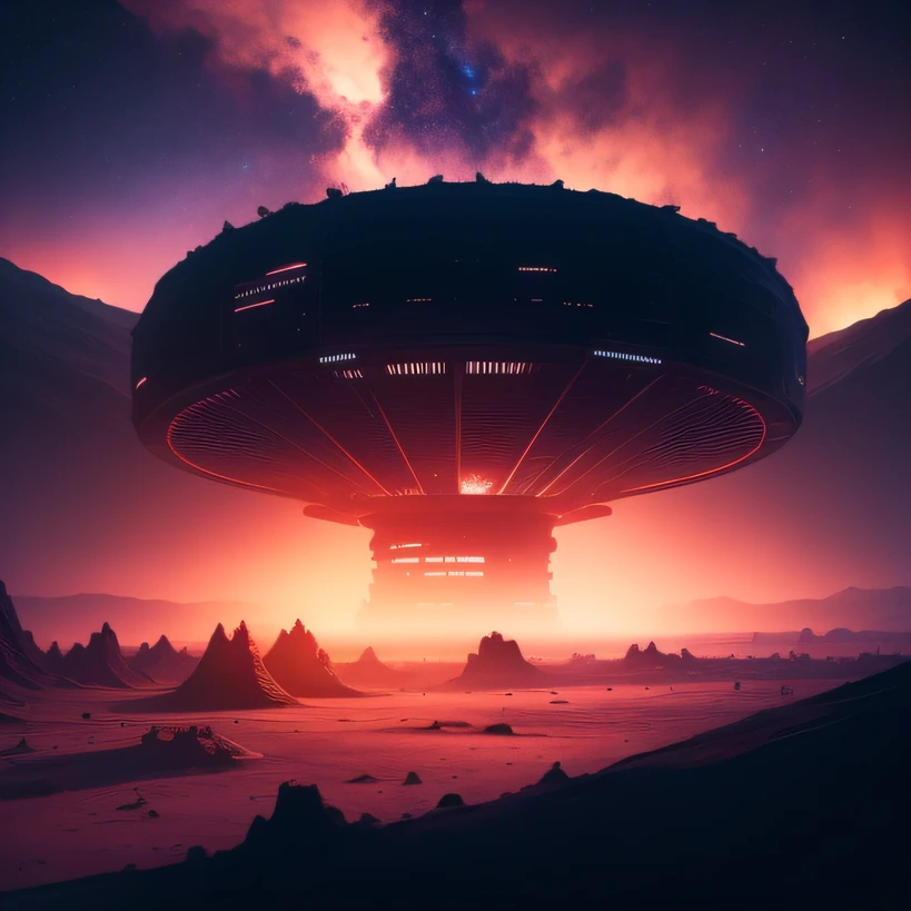 Alien base (Very detailed) In the mountainous desert,There are several exhaust fans and chimneys, Some spotlights come out of the base to illuminate dark places, (Extreme nights), Some clouds in the night sky, Some of the surrounding planets provide air to unknown planets,The farthest giant volcano is erupting