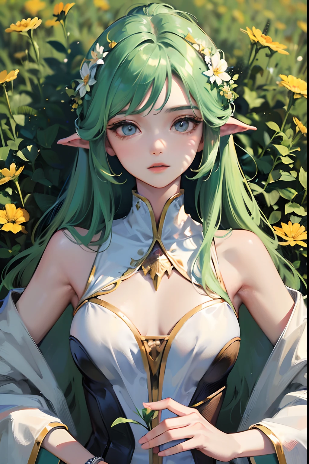 ((tmasterpiece)),(Best quality at best),(A half body),looks away,(ultra intricately detailed),(Highest definition),(8K),(Clean lines),(Perfect facial features,Perfect flesh),(offcial art),1girll,a druid,naturey,grassy,fresh flowers,Skins,Uncivilized,Hermit,Beast characteristics