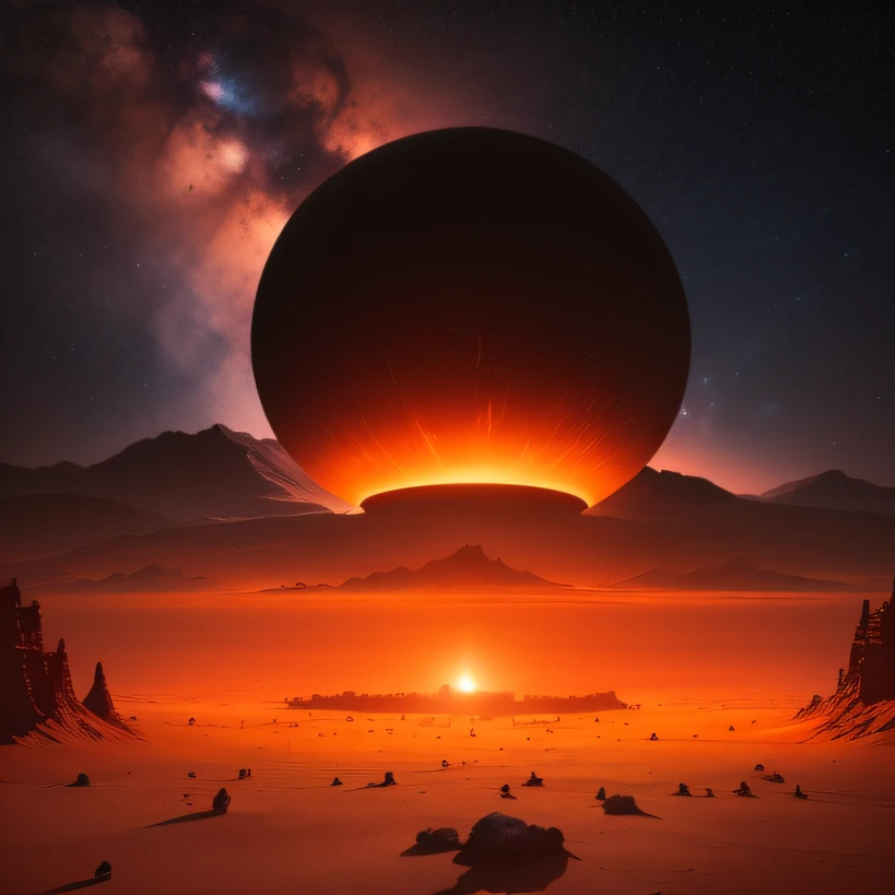 Alien base (Very detailed) In the mountainous desert，There are several exhaust fans and chimneys, Some spotlights come out of the base to illuminate dark places, (Extreme nights), Some clouds in the night sky, Some of the surrounding planets provide air to unknown planets，The farthest giant volcano is erupting
