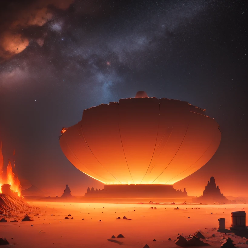 Alien base (Very detailed) In the mountainous desert，There are several exhaust fans and chimneys, Some spotlights come out of the base to illuminate dark places, (Extreme nights), Some clouds in the night sky, Some of the surrounding planets provide air to unknown planets，The farthest giant volcano is erupting