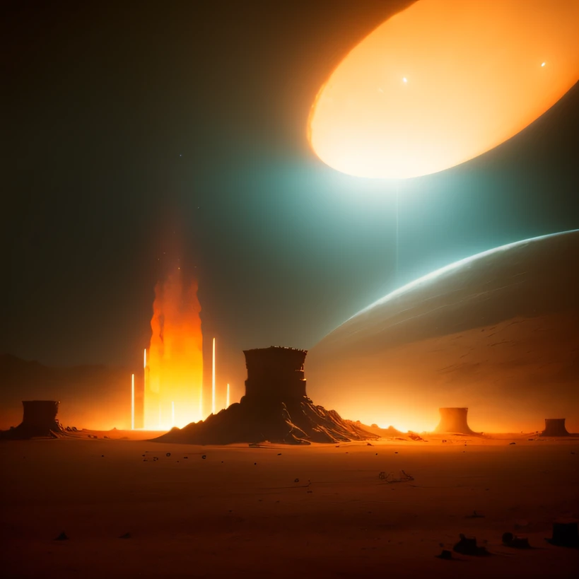 Alien base (Very detailed) In the mountainous desert，There are several exhaust fans and chimneys, Some spotlights come out of the base to illuminate dark places, (Extreme nights), Some clouds in the night sky, Some of the surrounding planets provide air to unknown planets，The farthest giant volcano is erupting