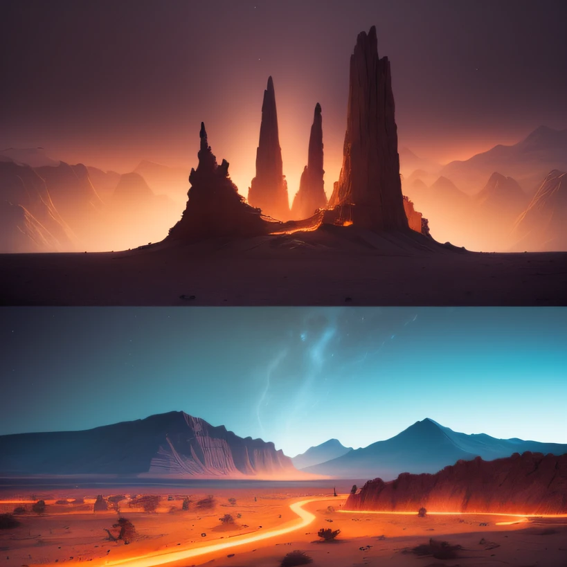 Alien base (Very detailed) In the mountainous desert,There are several exhaust fans and chimneys, Some spotlights come out of the base to illuminate dark places, (Extreme nights), Some clouds in the night sky, Some of the surrounding planets provide air to unknown planets,The farthest giant volcano is erupting