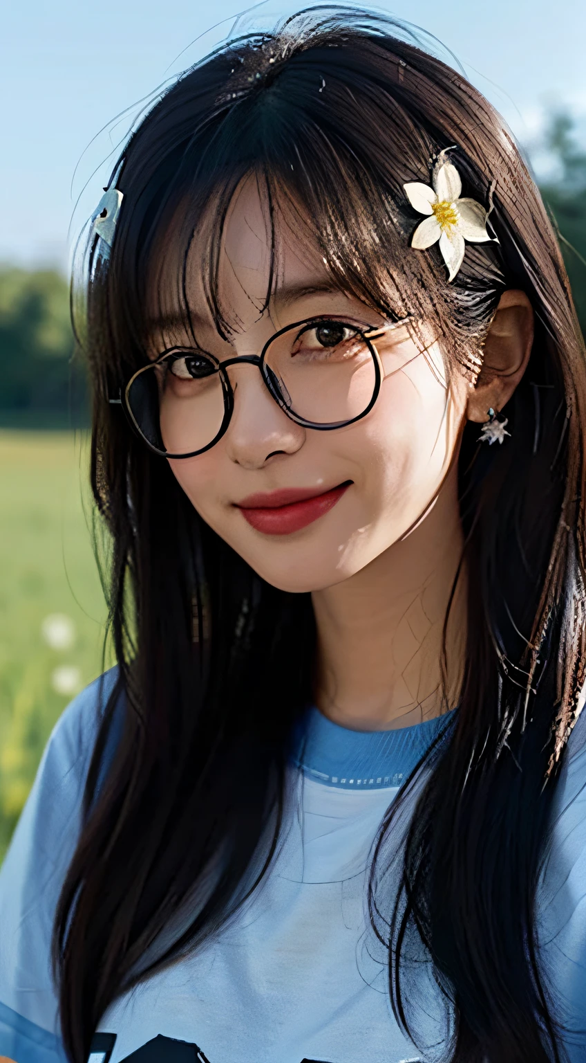 1girll,From the top,Long black fringed hair,There are small flowers on the head,Messy hair,Black eyes,Sweet smile,Wear metal glasses,Cute t-shirt,grassy fields,flower sea,blue-sky,Realistic light and shadow,intricately details:1.2,tmasterpiece:1.3,top-quality:1.4,Super A resolution,A detailed eye,Detailed facial features,