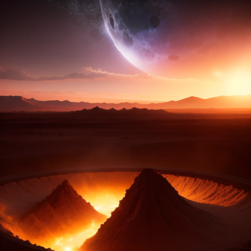 Alien base (Very detailed) In the mountainous desert,There are several exhaust fans and chimneys, Some spotlights come out of the base to illuminate dark places, (Extreme nights), Some clouds in the night sky, Some of the surrounding planets provide air to unknown planets,The farthest giant volcano is erupting