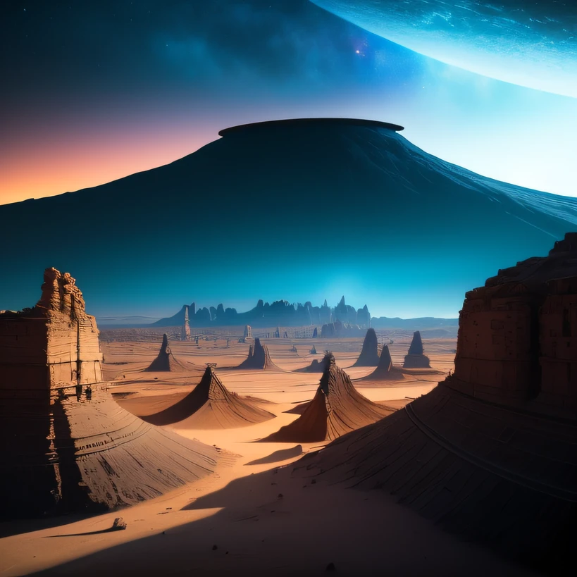Alien base (Very detailed) In the mountainous desert,There are several exhaust fans and chimneys, Some spotlights come out of the base to illuminate dark places, (Extreme nights), Some clouds in the night sky, Some of the surrounding planets provide air to unknown planets,The farthest giant volcano is erupting