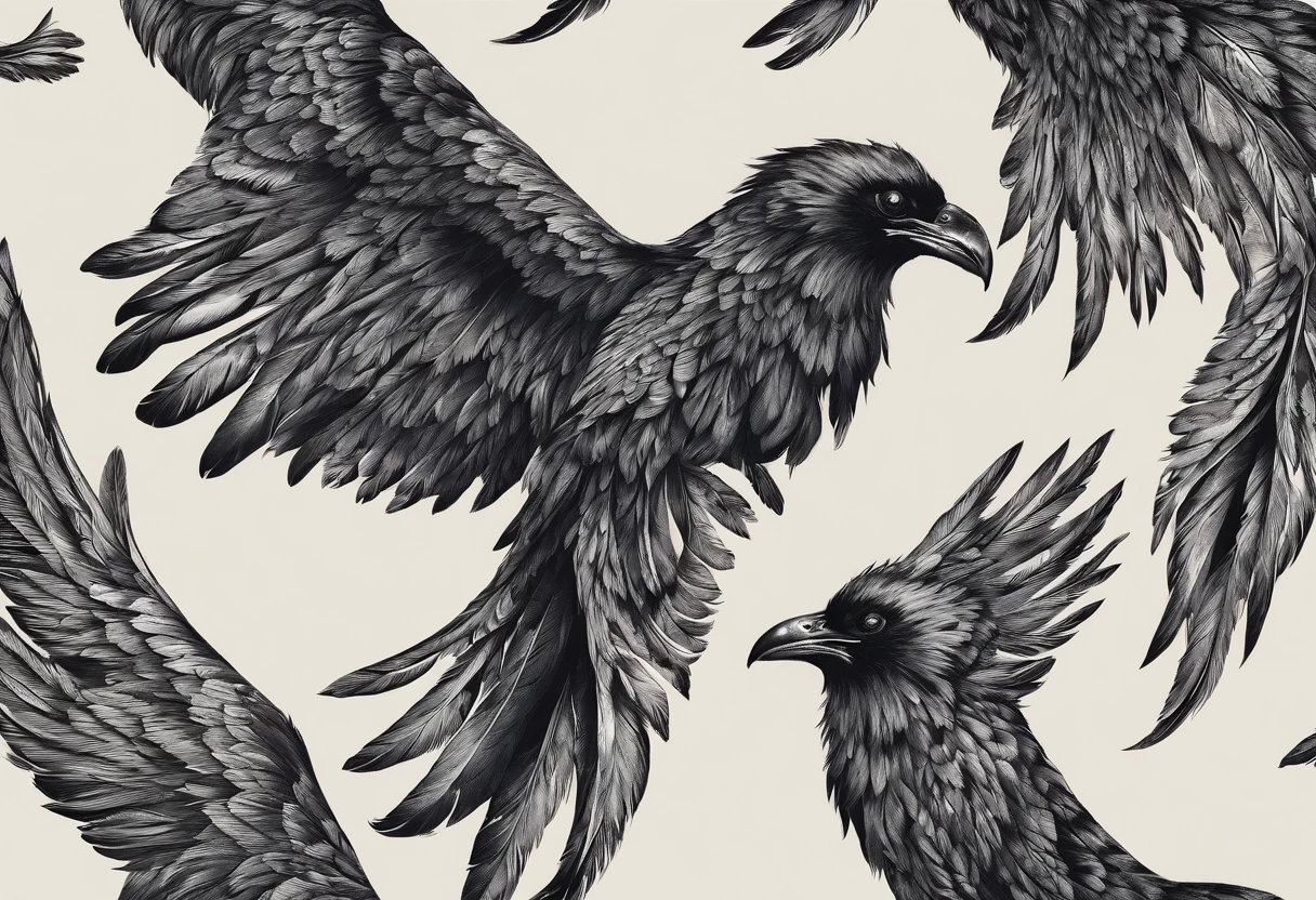 Hyperrealistic black ink Feathers arranged to spell out "Darren". In the image of a Majestic raven with outstretched wings. Stunning masterpiece