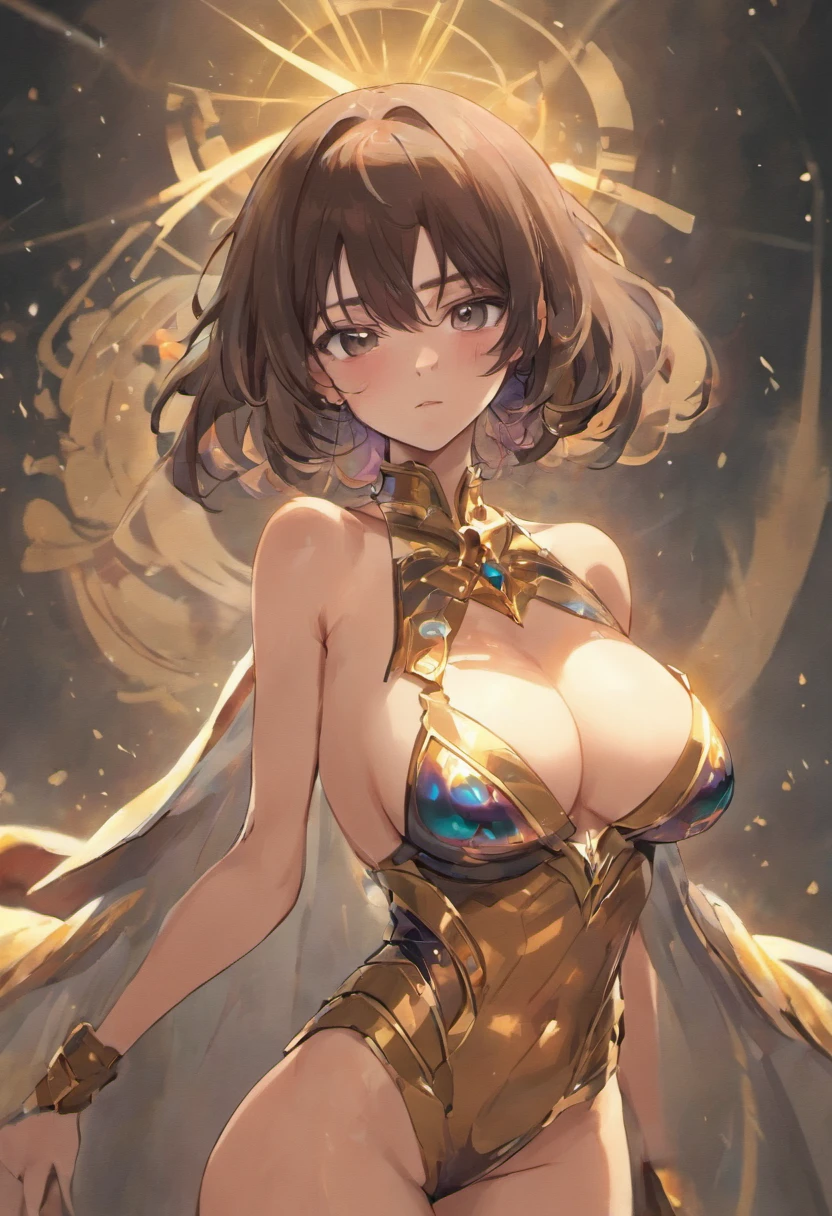 realistic illumination，top Quority，Resolution of 8K，tmasterpiece：1.3，Clear focus：1.2，1个Giant Breast Girl，delicated face，二重まぶた，largeeyes，Sexy expression，Perfect anatomical physique，Beautiful Women with Perfect Figure：1.6，Big breasted 1.7，long and dark brown hair，Bigchest：1.8，Armor，Long knives，magia，exteriors，during night：1.1，1080p，hyper HD，textureskin，super detailing，best qualtiy，high detal，high high quality